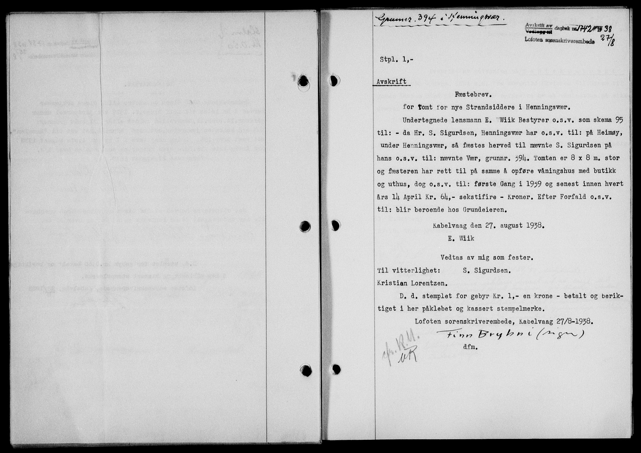 Lofoten sorenskriveri, SAT/A-0017/1/2/2C/L0004a: Pantebok nr. 4a, 1938-1938, Dagboknr: 1742/1938