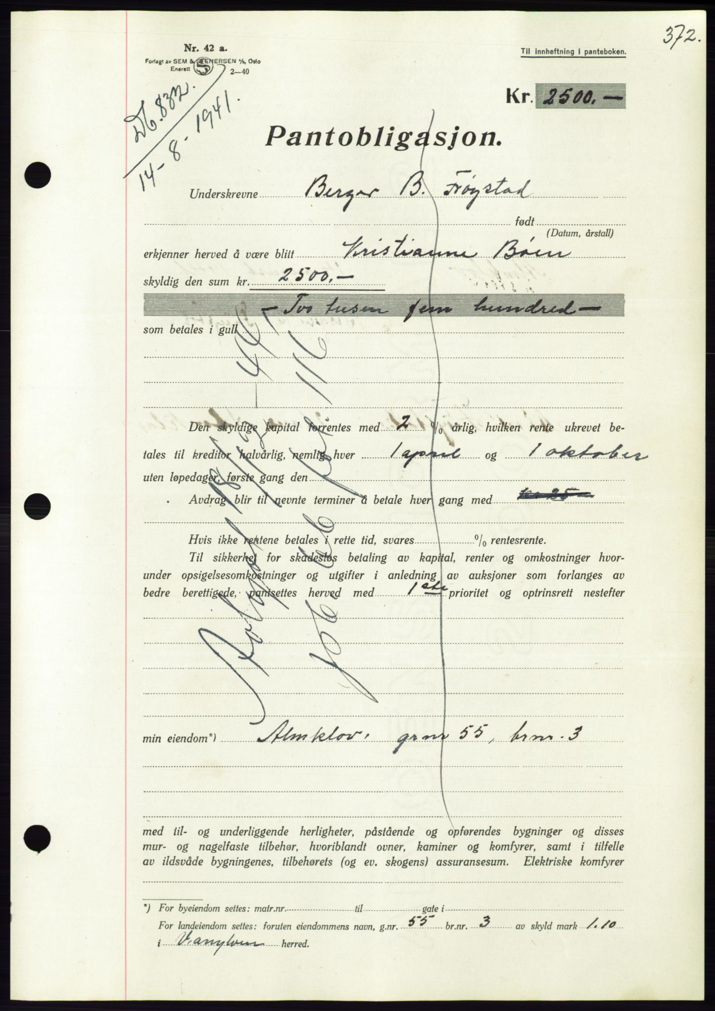 Søre Sunnmøre sorenskriveri, AV/SAT-A-4122/1/2/2C/L0071: Pantebok nr. 65, 1941-1941, Dagboknr: 832/1941