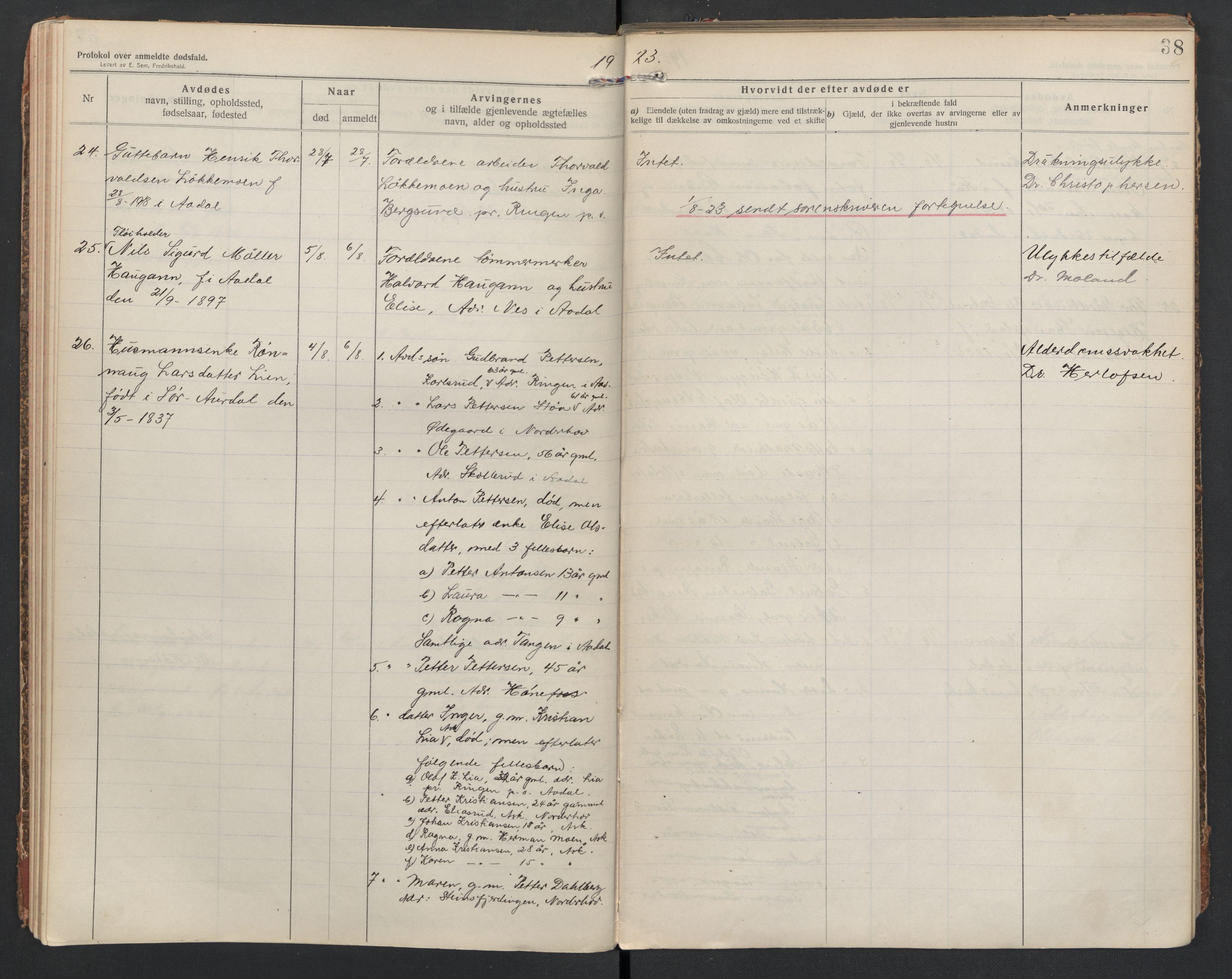 Ådal lensmannskontor, AV/SAKO-A-518/H/Ha/L0001/0002: Dødsfallsprotokoll  / Dødsfallsprotokoll 2, 1919-1942, s. 38
