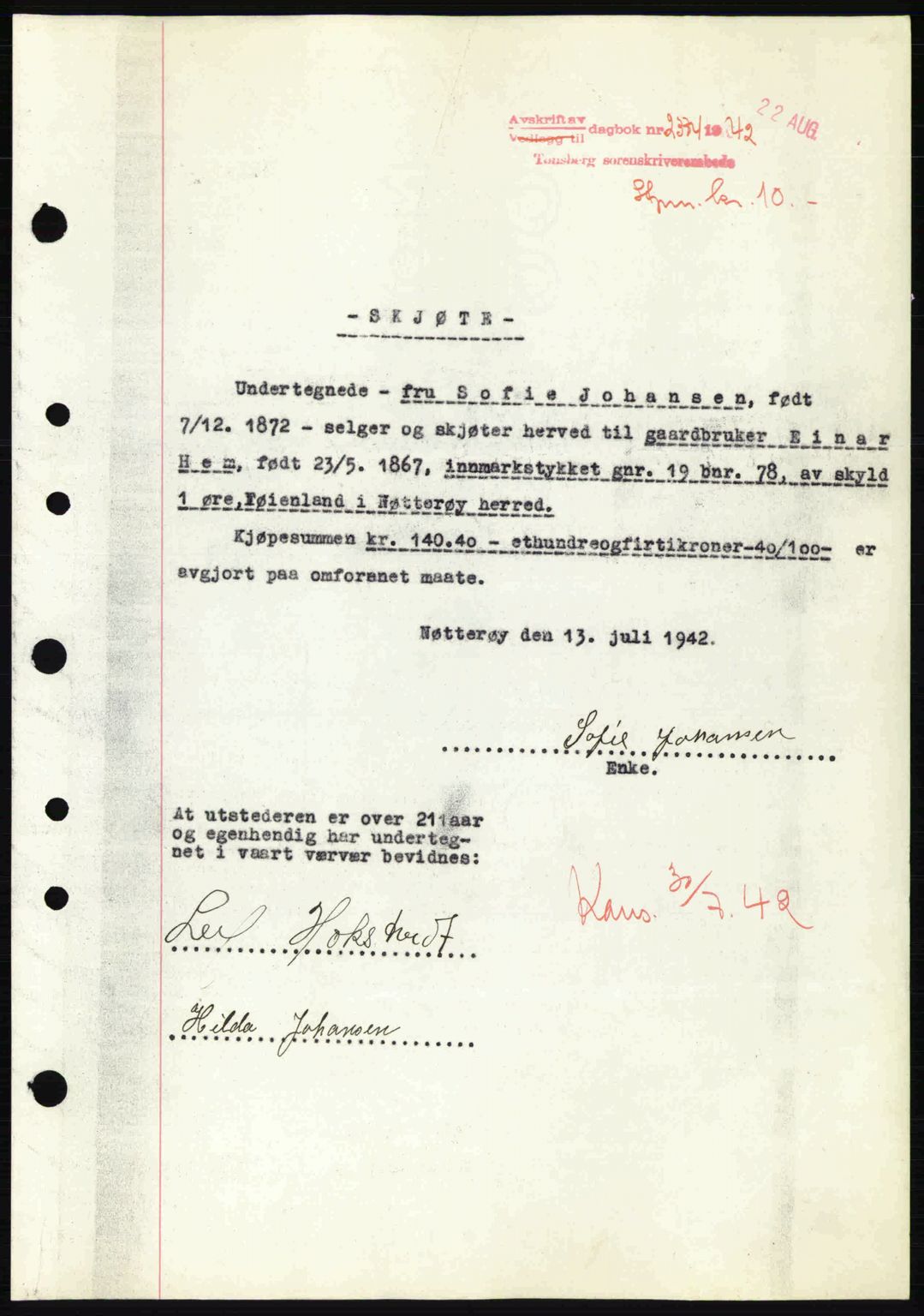 Tønsberg sorenskriveri, AV/SAKO-A-130/G/Ga/Gaa/L0012: Pantebok nr. A12, 1942-1943, Dagboknr: 2374/1942