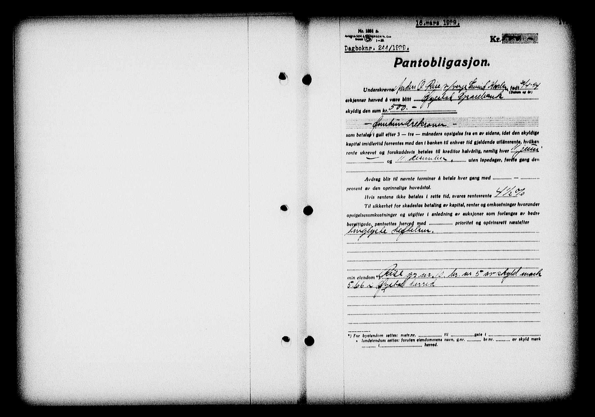 Nedenes sorenskriveri, SAK/1221-0006/G/Gb/Gba/L0046: Pantebok nr. 42, 1938-1939, Dagboknr: 244/1939
