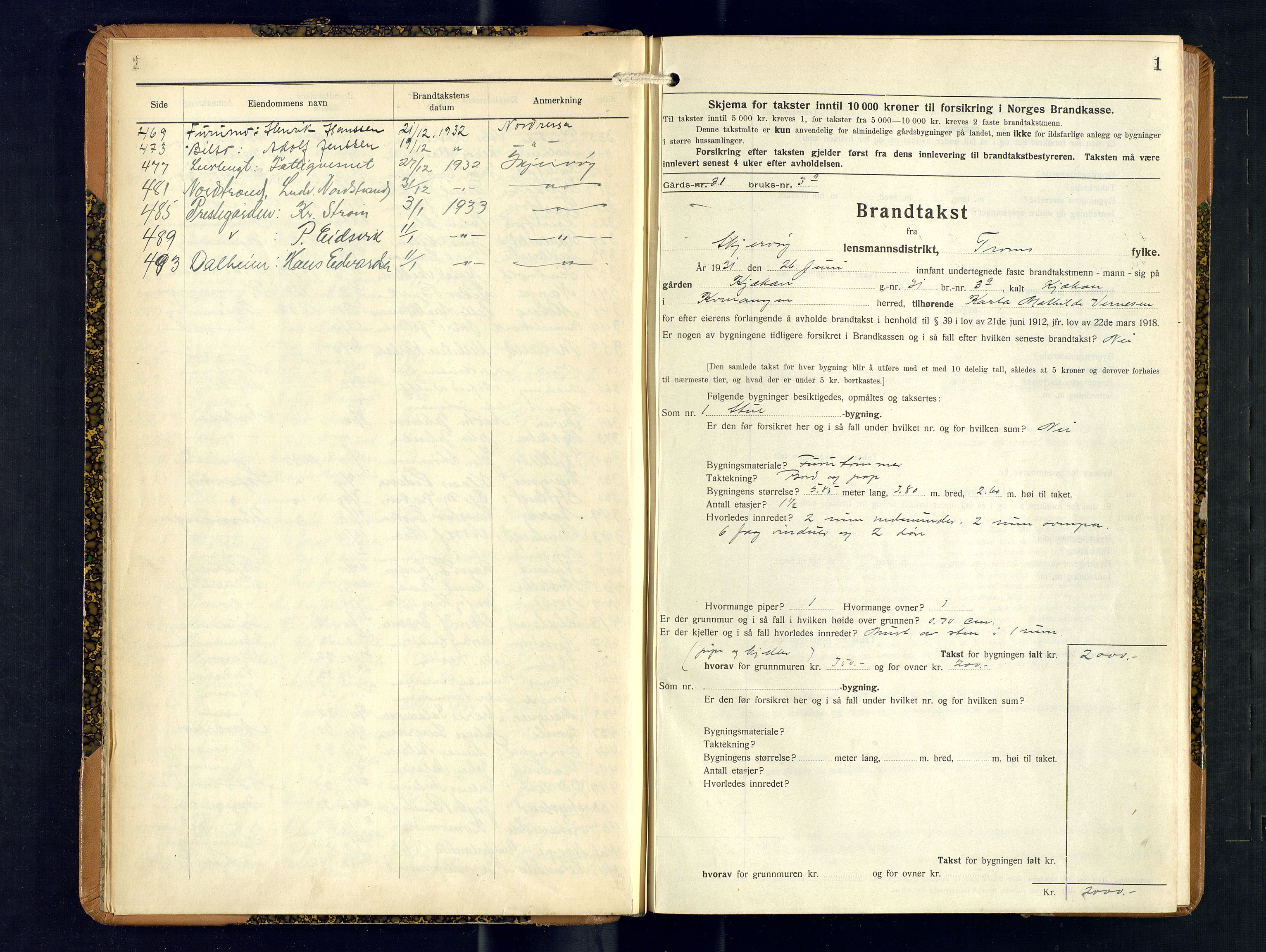 Skjervøy lensmannskontor, AV/SATØ-SATØ-63/F/Fu/Fub/L0263: Branntakstprotokoll (S), 1931-1933, s. 1