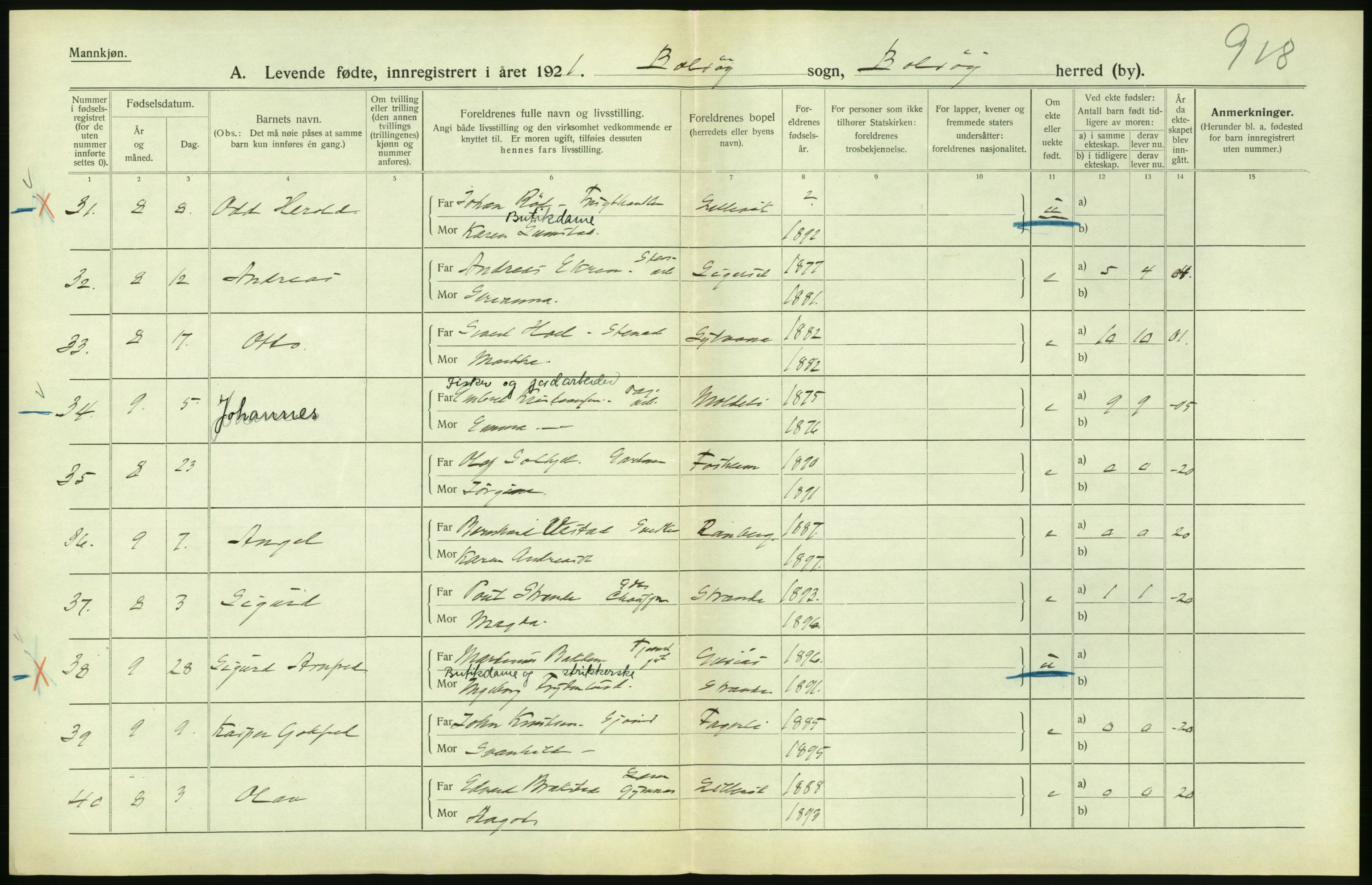 Statistisk sentralbyrå, Sosiodemografiske emner, Befolkning, AV/RA-S-2228/D/Df/Dfc/Dfca/L0040: Møre fylke: Levendefødte menn og kvinner. Bygder., 1921, s. 384