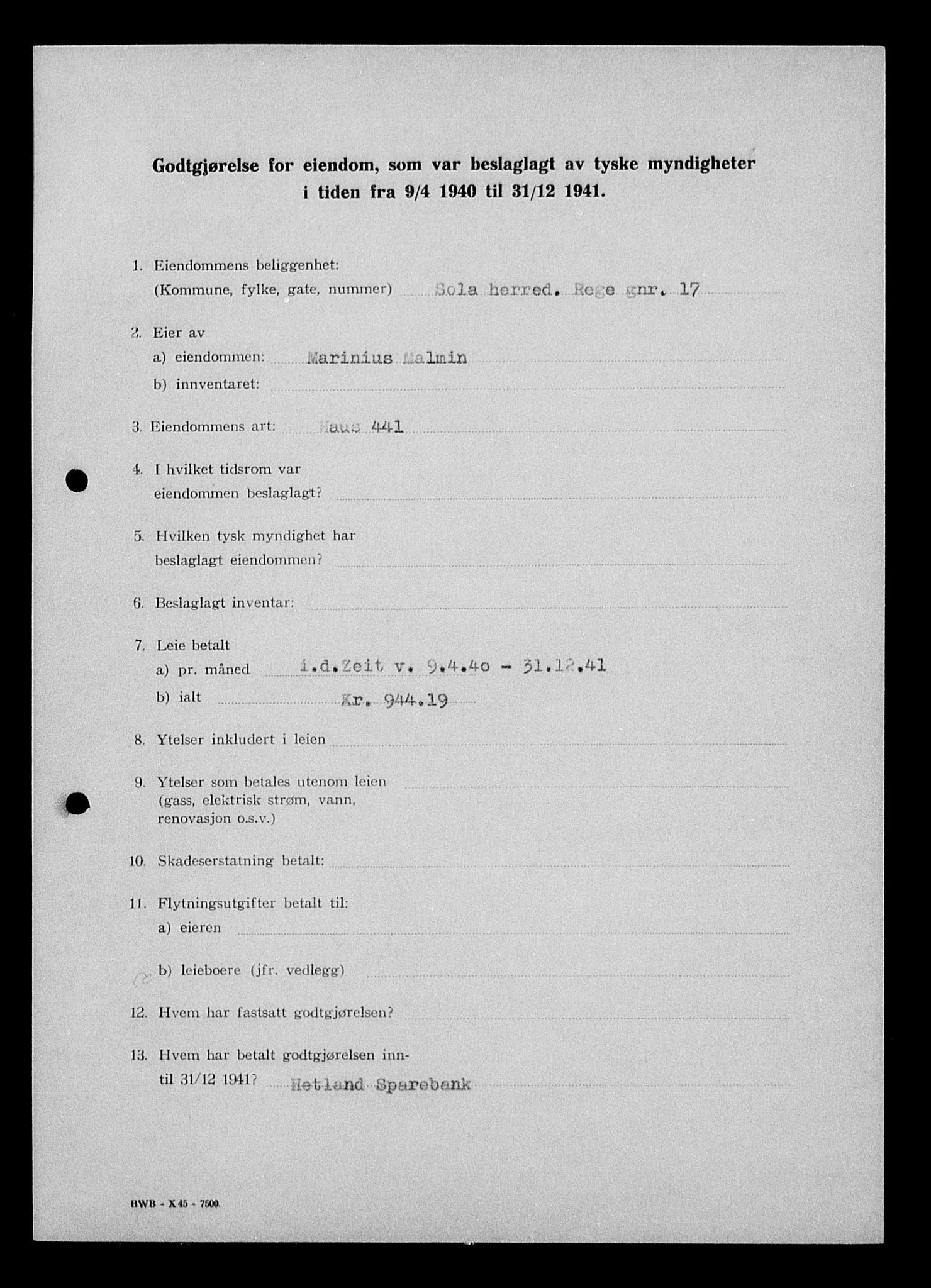 Justisdepartementet, Tilbakeføringskontoret for inndratte formuer, AV/RA-S-1564/I/L1014: Godtgjørelse for beslaglagt eiendom, 1940-1941, s. 512
