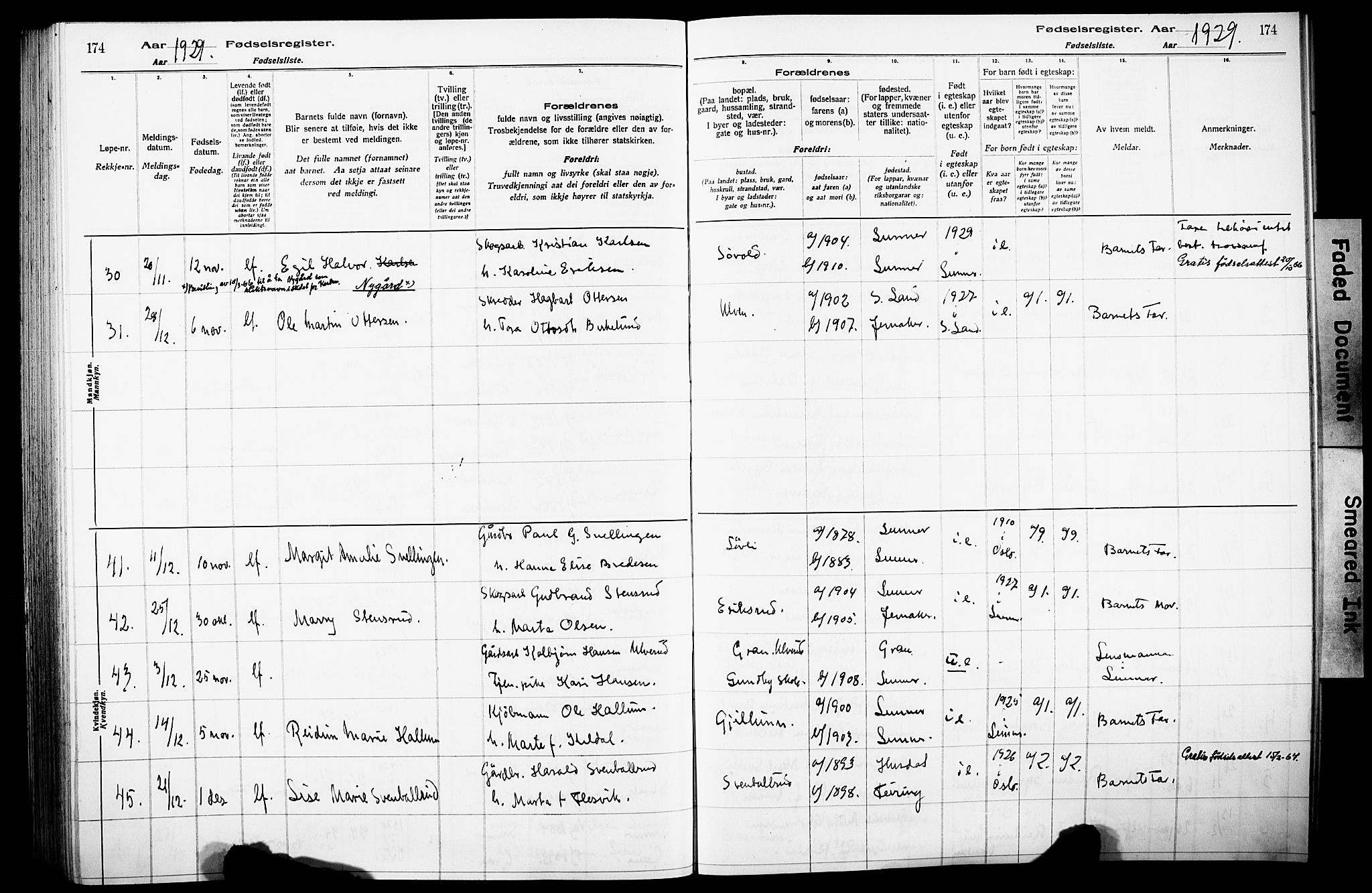 Lunner prestekontor, SAH/PREST-118/I/Id/L0001: Fødselsregister nr. 1, 1916-1932, s. 174