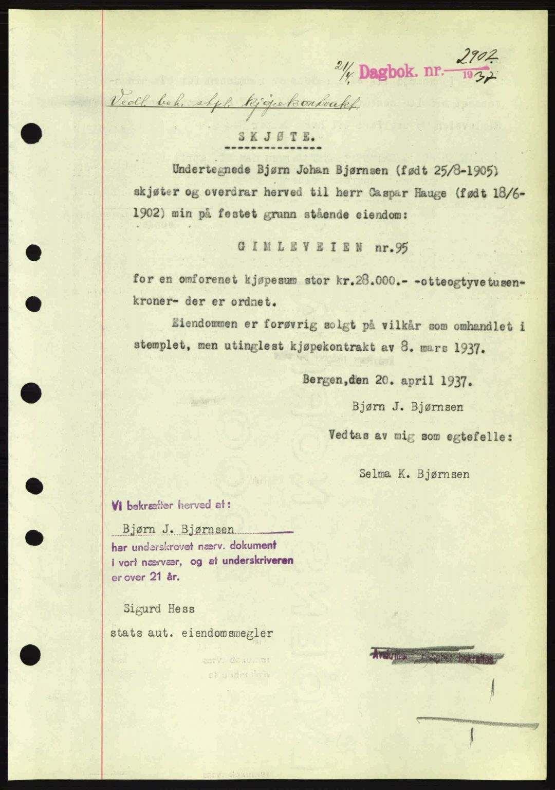Byfogd og Byskriver i Bergen, SAB/A-3401/03/03Bc/L0004: Pantebok nr. A3-4, 1936-1937, Dagboknr: 2907/1937