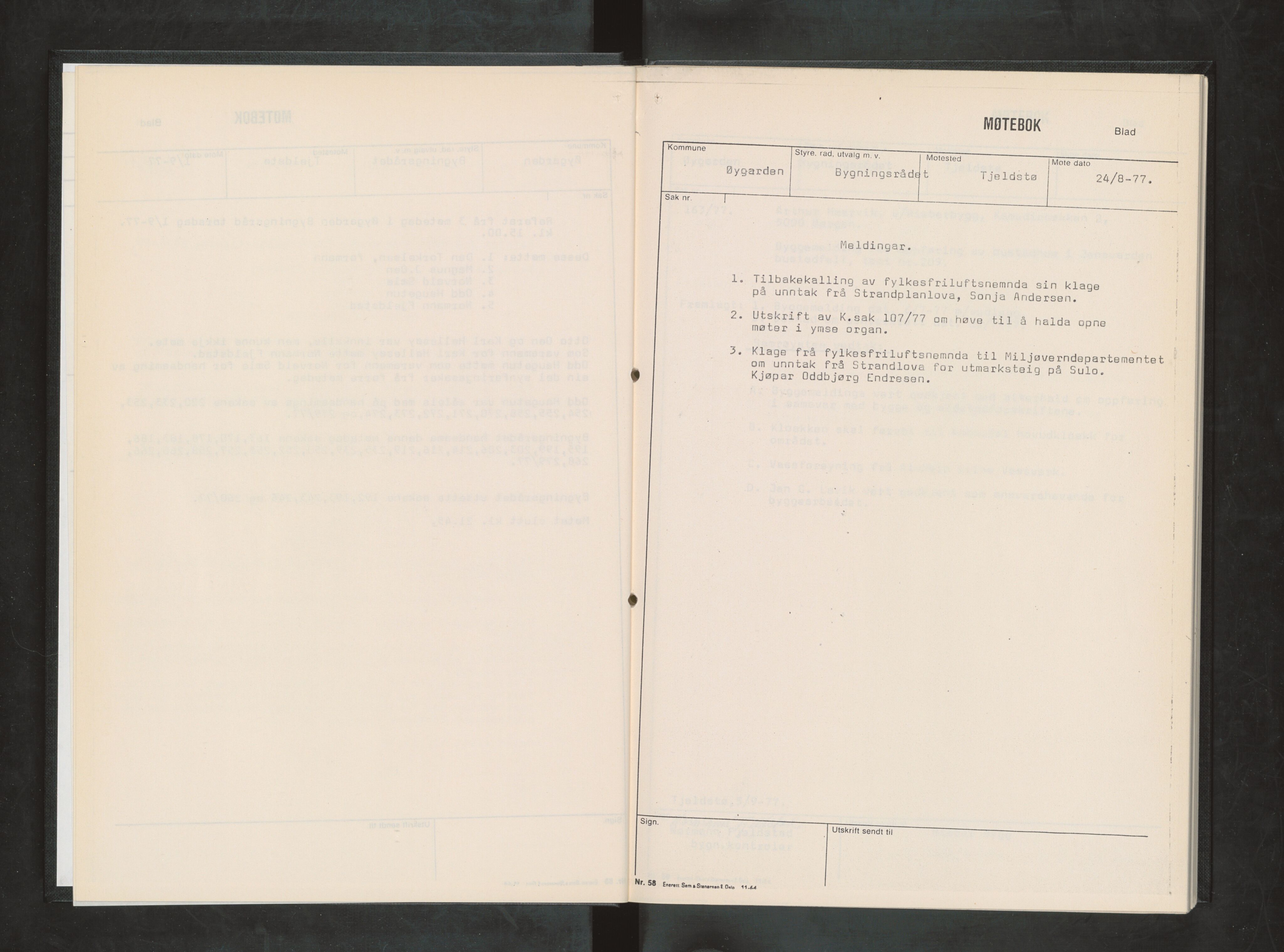 Øygarden kommune. Bygningsrådet, IKAH/1259b-511/A/Aa/L0006: Møtebok for Øygarden bygningsråd - Del II, 1977