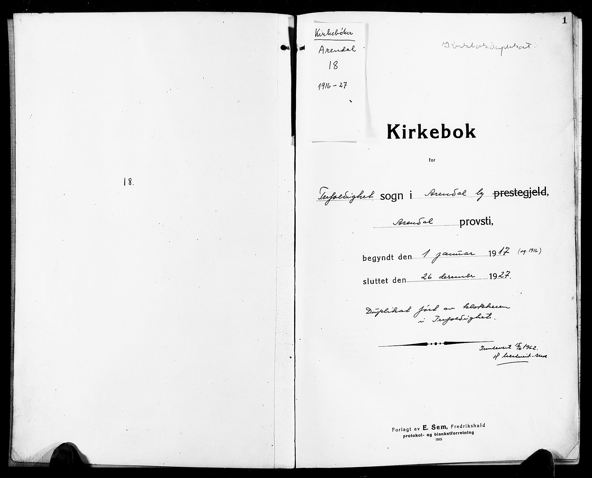 Arendal sokneprestkontor, Trefoldighet, SAK/1111-0040/F/Fb/L0007: Klokkerbok nr. B 7, 1916-1927, s. 1