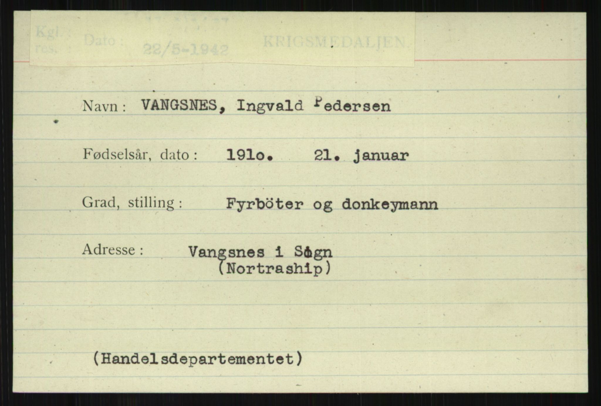 Direktoratet for sjømenn, AV/RA-S-3545/G/Gi/L0009: Kartotek over krigsdekorasjoner tildelt nordmenn under krigen, 1940-1945, s. 993