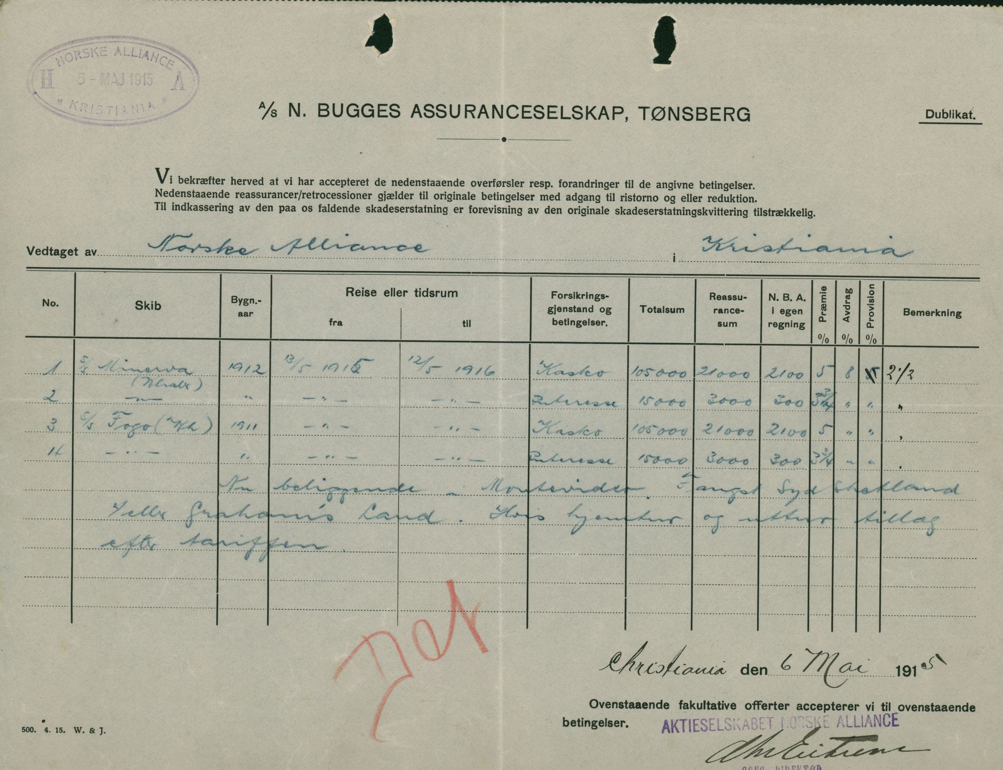 Pa 664 - Tønsberg Sjøforsikringsselskap, VEMU/A-1773/F/L0001: Forsikringspoliser, 1915-1918