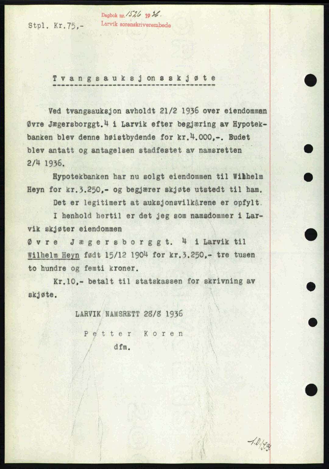 Larvik sorenskriveri, SAKO/A-83/G/Ga/Gab/L0067: Pantebok nr. A-1, 1936-1937, Dagboknr: 1527/1936