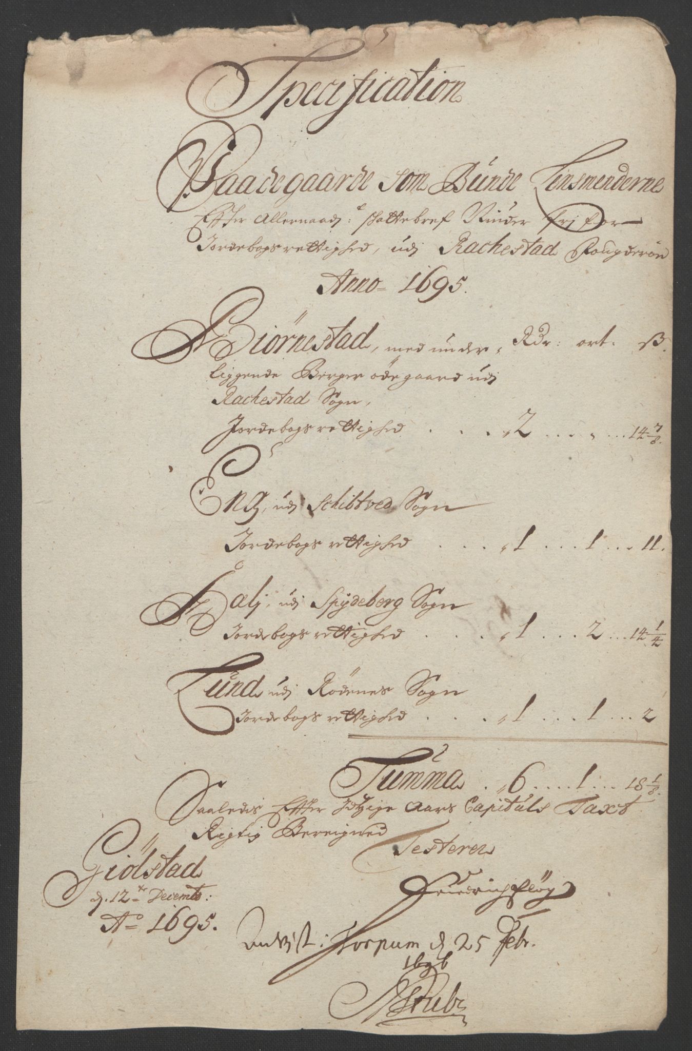 Rentekammeret inntil 1814, Reviderte regnskaper, Fogderegnskap, AV/RA-EA-4092/R07/L0285: Fogderegnskap Rakkestad, Heggen og Frøland, 1695, s. 311