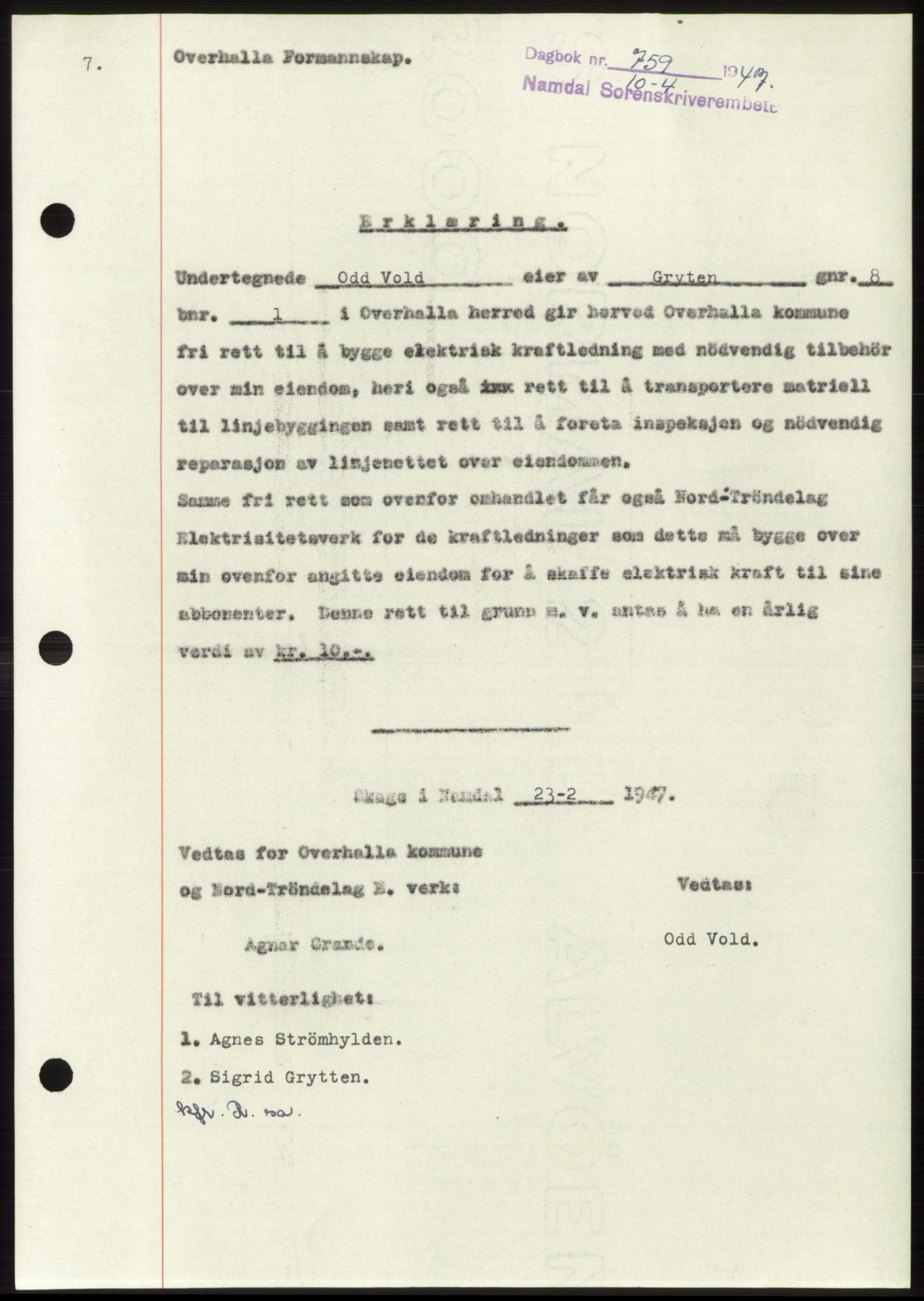 Namdal sorenskriveri, SAT/A-4133/1/2/2C: Pantebok nr. -, 1947-1947, Dagboknr: 759/1947