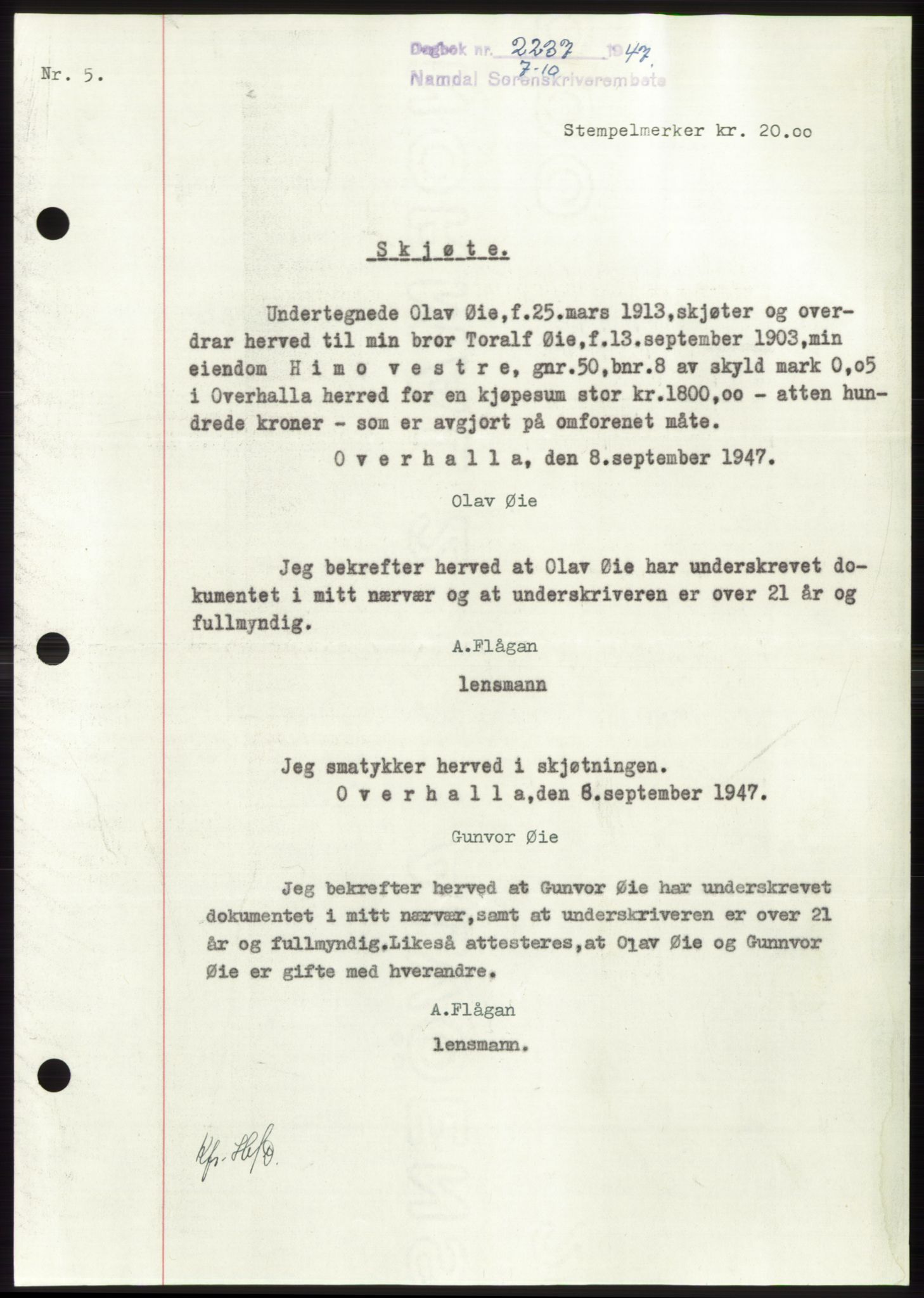 Namdal sorenskriveri, SAT/A-4133/1/2/2C: Pantebok nr. -, 1947-1947, Dagboknr: 2237/1947