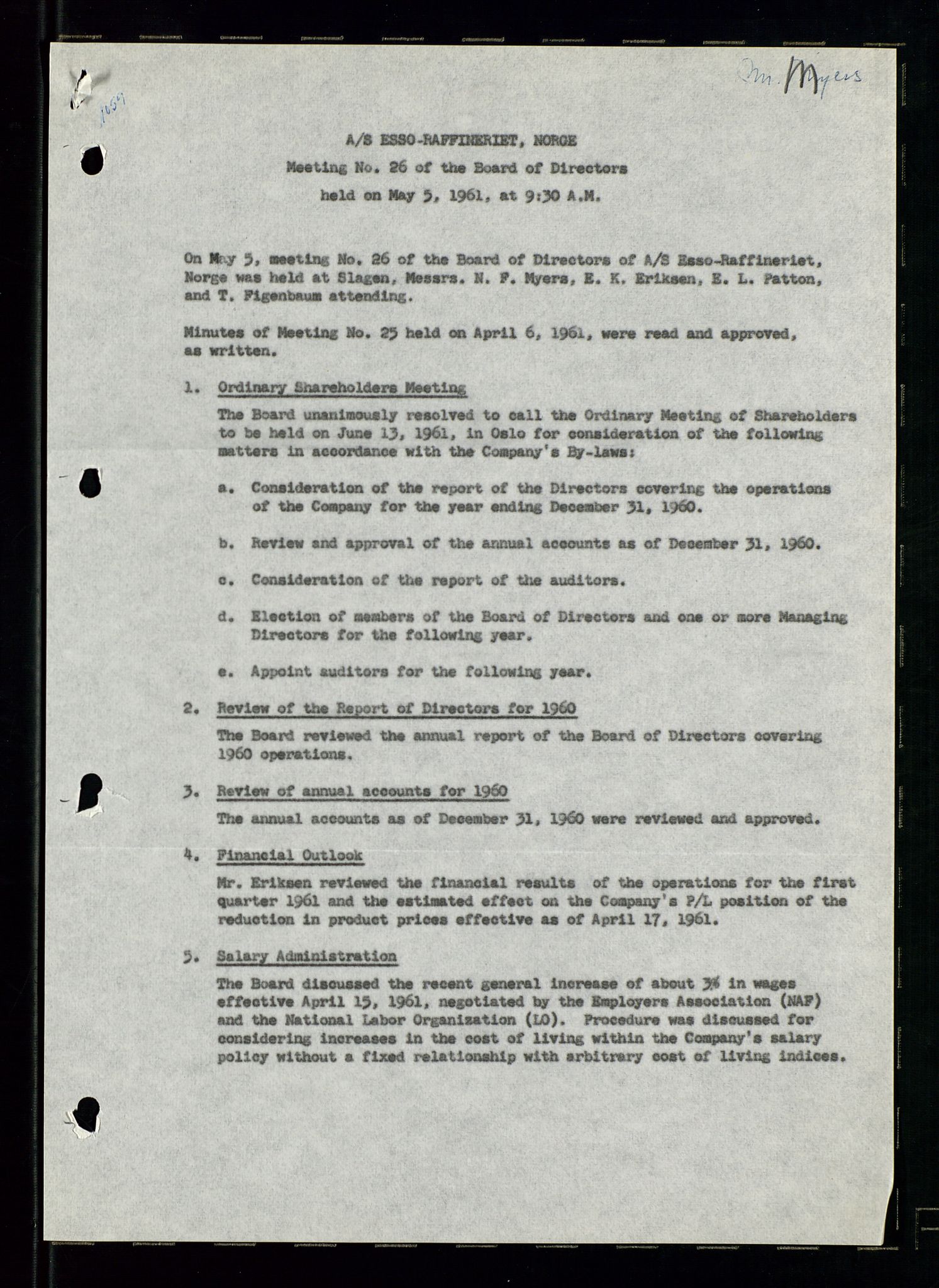 PA 1537 - A/S Essoraffineriet Norge, AV/SAST-A-101957/A/Aa/L0002/0001: Styremøter / Shareholder meetings, Board meeting minutes, 1957-1961, s. 59