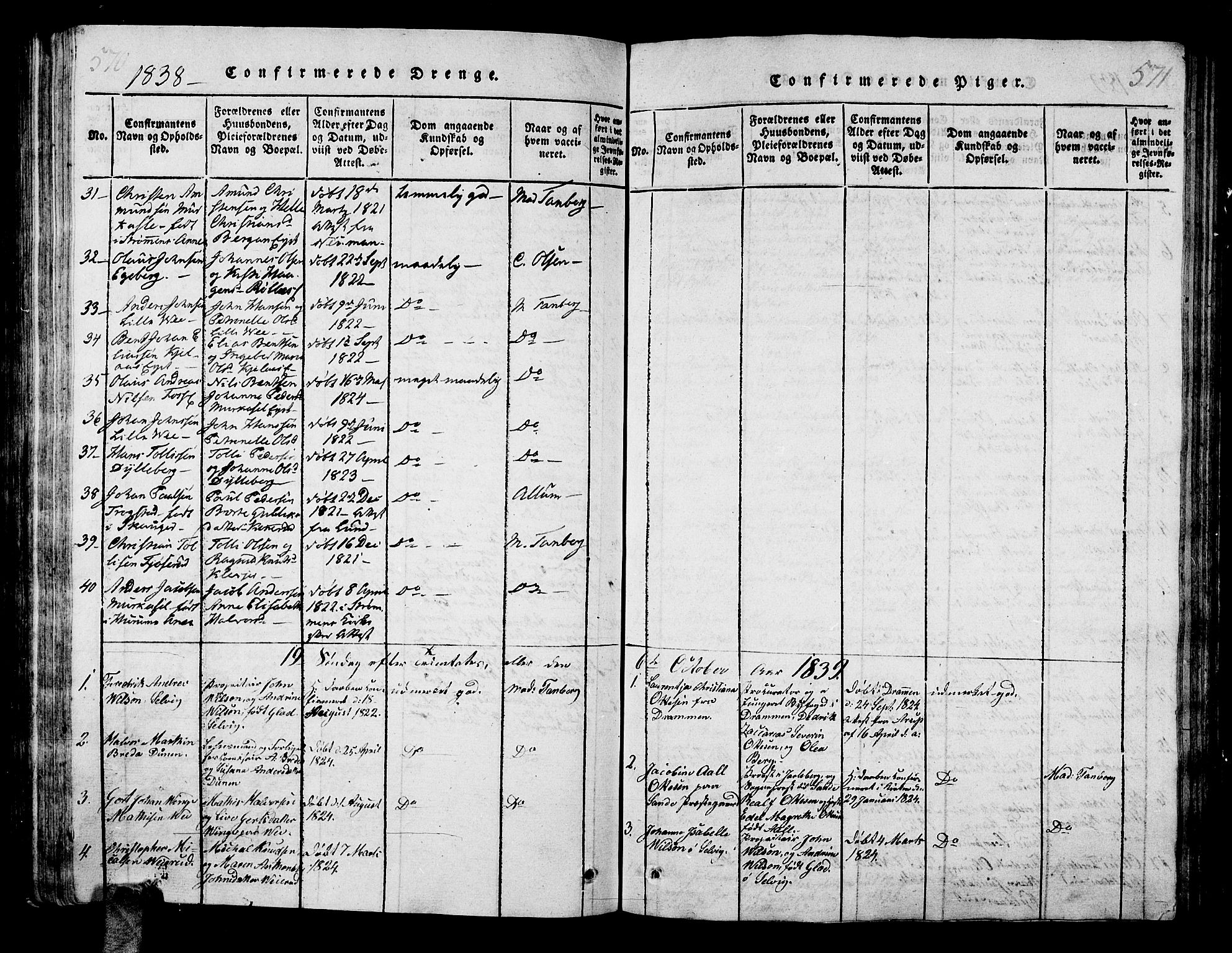 Sande Kirkebøker, AV/SAKO-A-53/G/Ga/L0001: Klokkerbok nr. 1, 1814-1847, s. 570-571