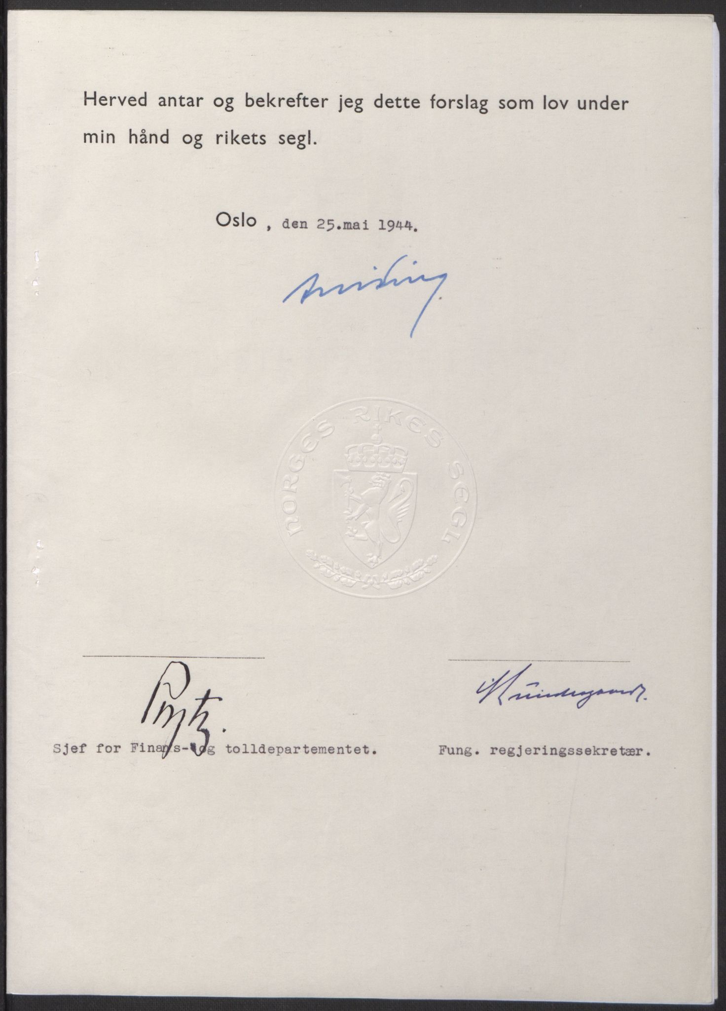 NS-administrasjonen 1940-1945 (Statsrådsekretariatet, de kommisariske statsråder mm), AV/RA-S-4279/D/Db/L0100: Lover, 1944, s. 234
