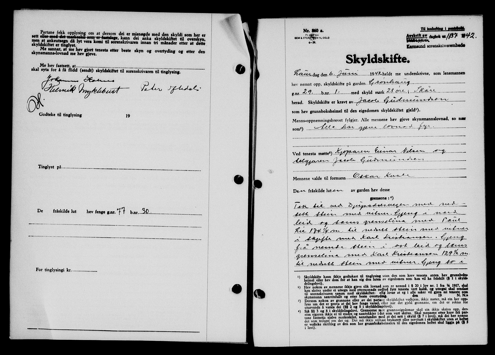 Karmsund sorenskriveri, SAST/A-100311/01/II/IIB/L0077: Pantebok nr. 58A, 1942-1942, Dagboknr: 1137/1942