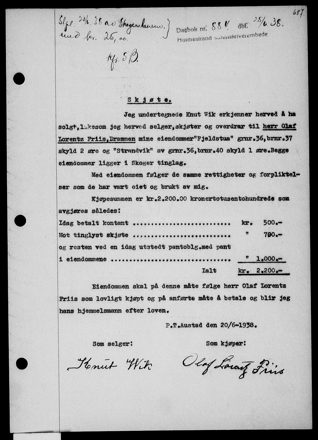 Holmestrand sorenskriveri, SAKO/A-67/G/Ga/Gaa/L0049: Pantebok nr. A-49, 1937-1938, Dagboknr: 884/1938