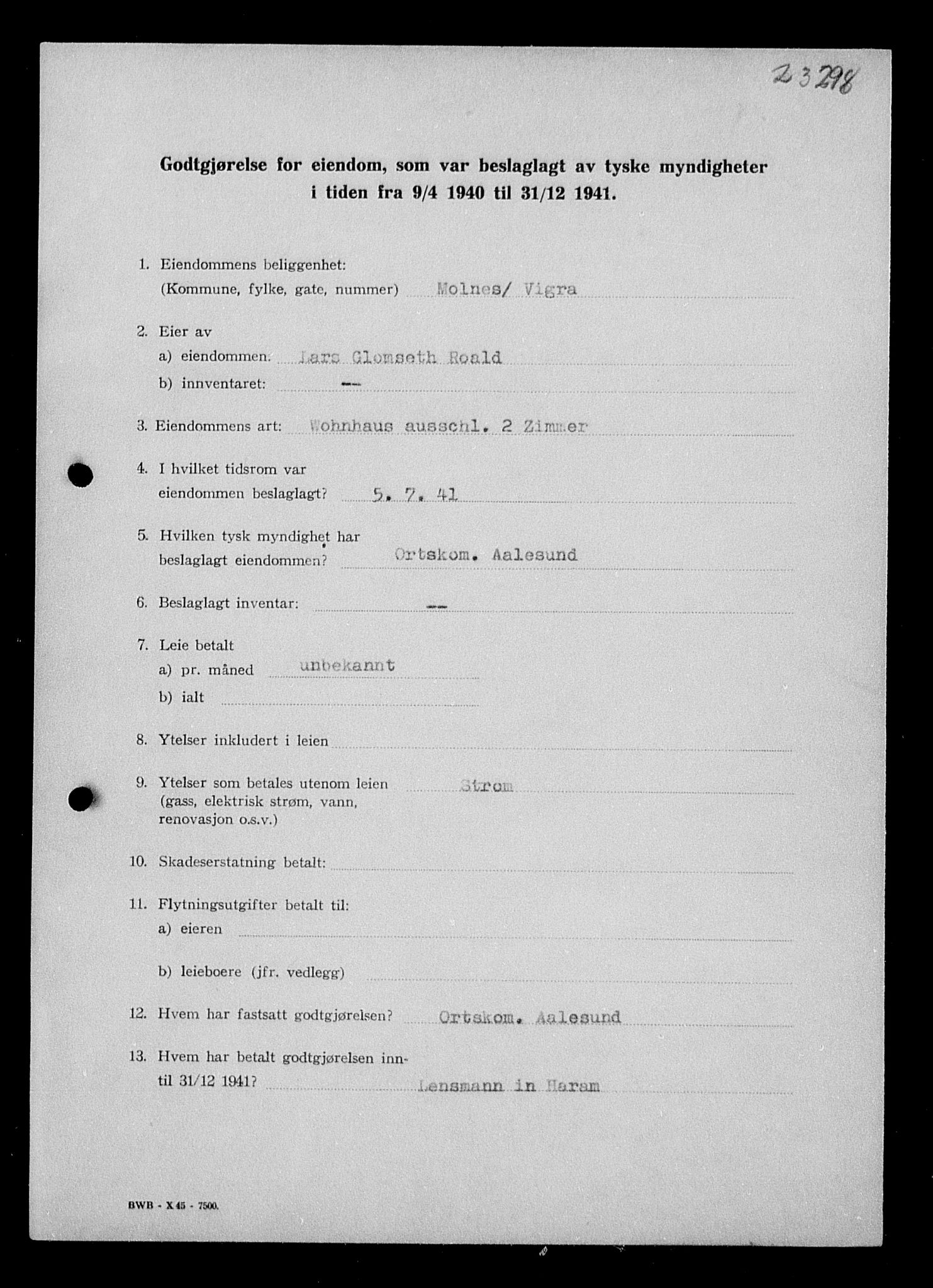 Justisdepartementet, Tilbakeføringskontoret for inndratte formuer, AV/RA-S-1564/I/L1017: Godtgjørelse for beslaglagt eiendom, 1940-1941, s. 68