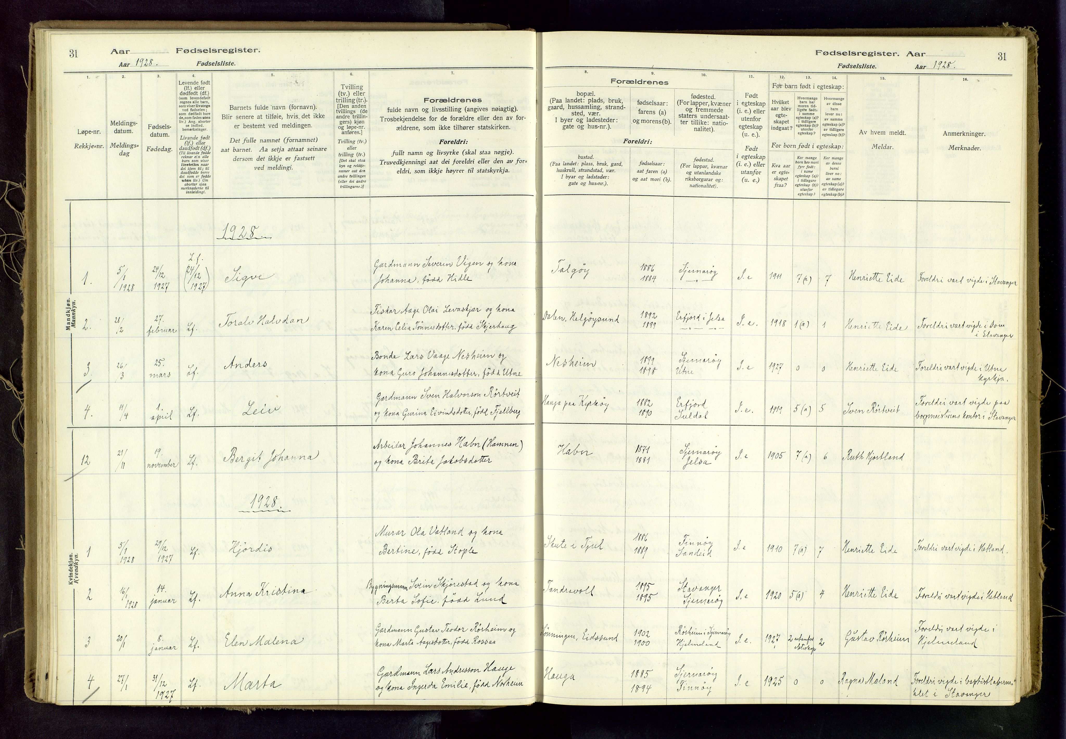 Nedstrand sokneprestkontor, SAST/A-101841/03/A/L0001: Fødselsregister nr. 1, 1916-1982, s. 31