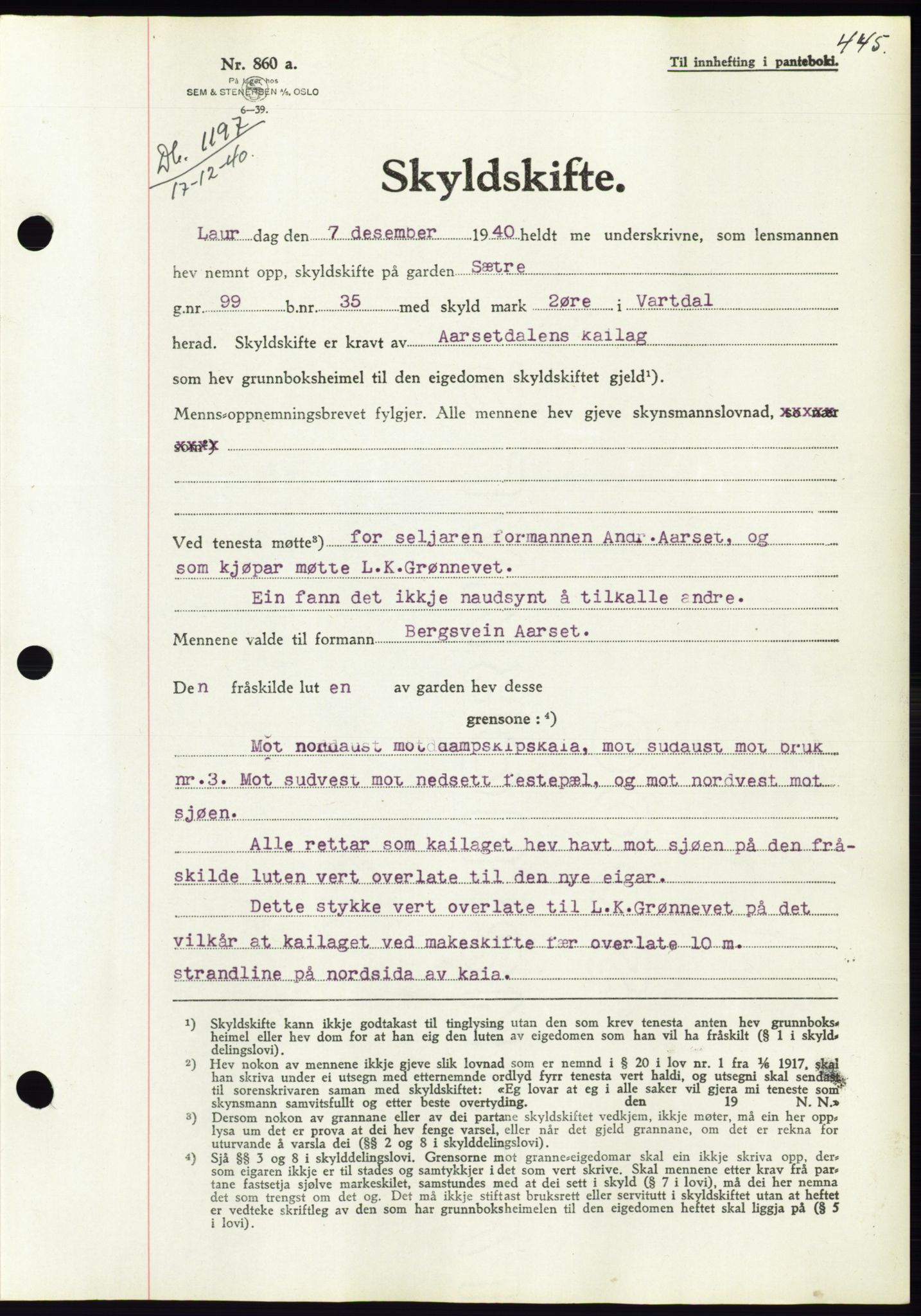 Søre Sunnmøre sorenskriveri, AV/SAT-A-4122/1/2/2C/L0070: Pantebok nr. 64, 1940-1941, Dagboknr: 1197/1940