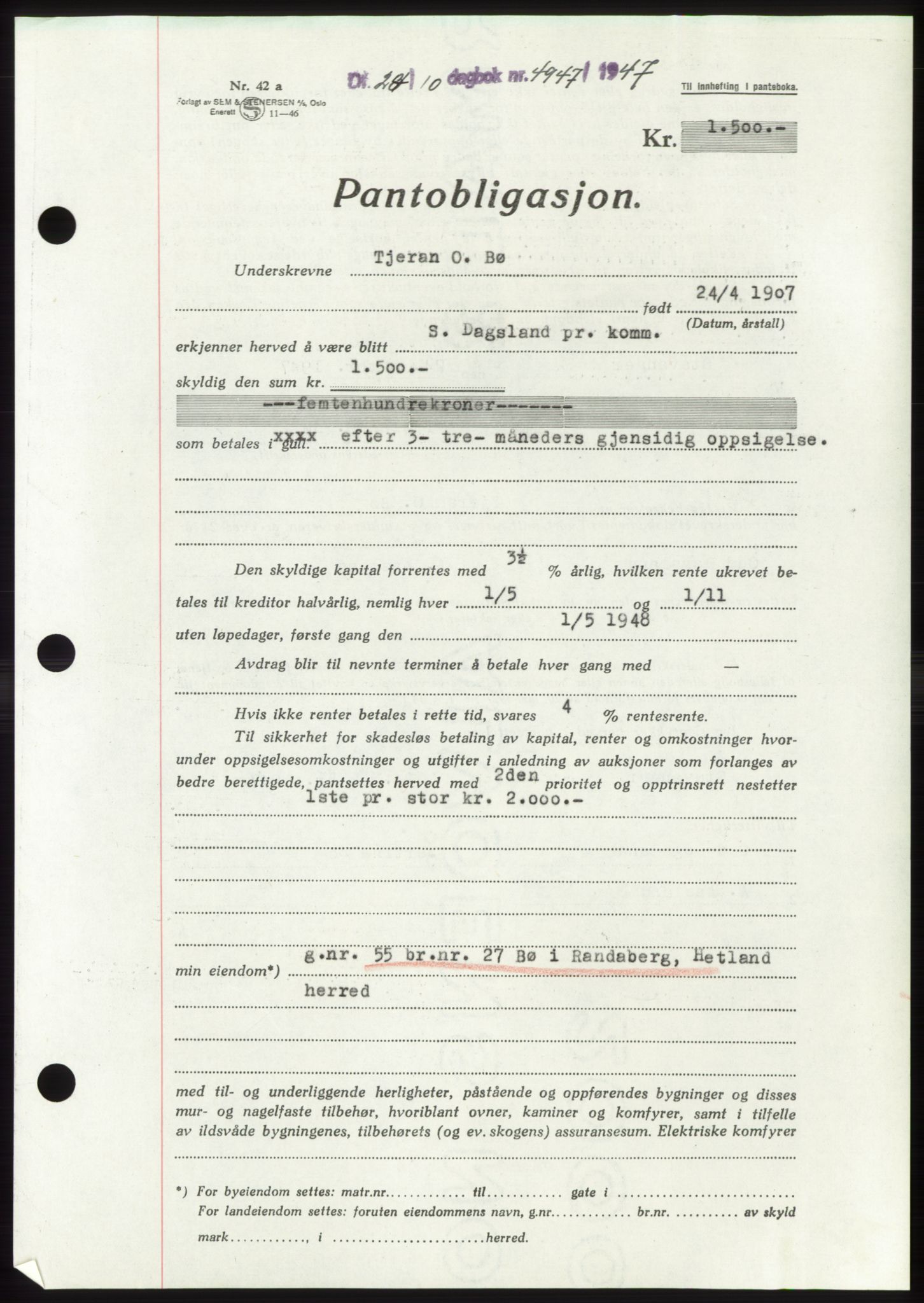 Jæren sorenskriveri, SAST/A-100310/03/G/Gba/L0096: Pantebok, 1947-1947, Dagboknr: 4947/1947