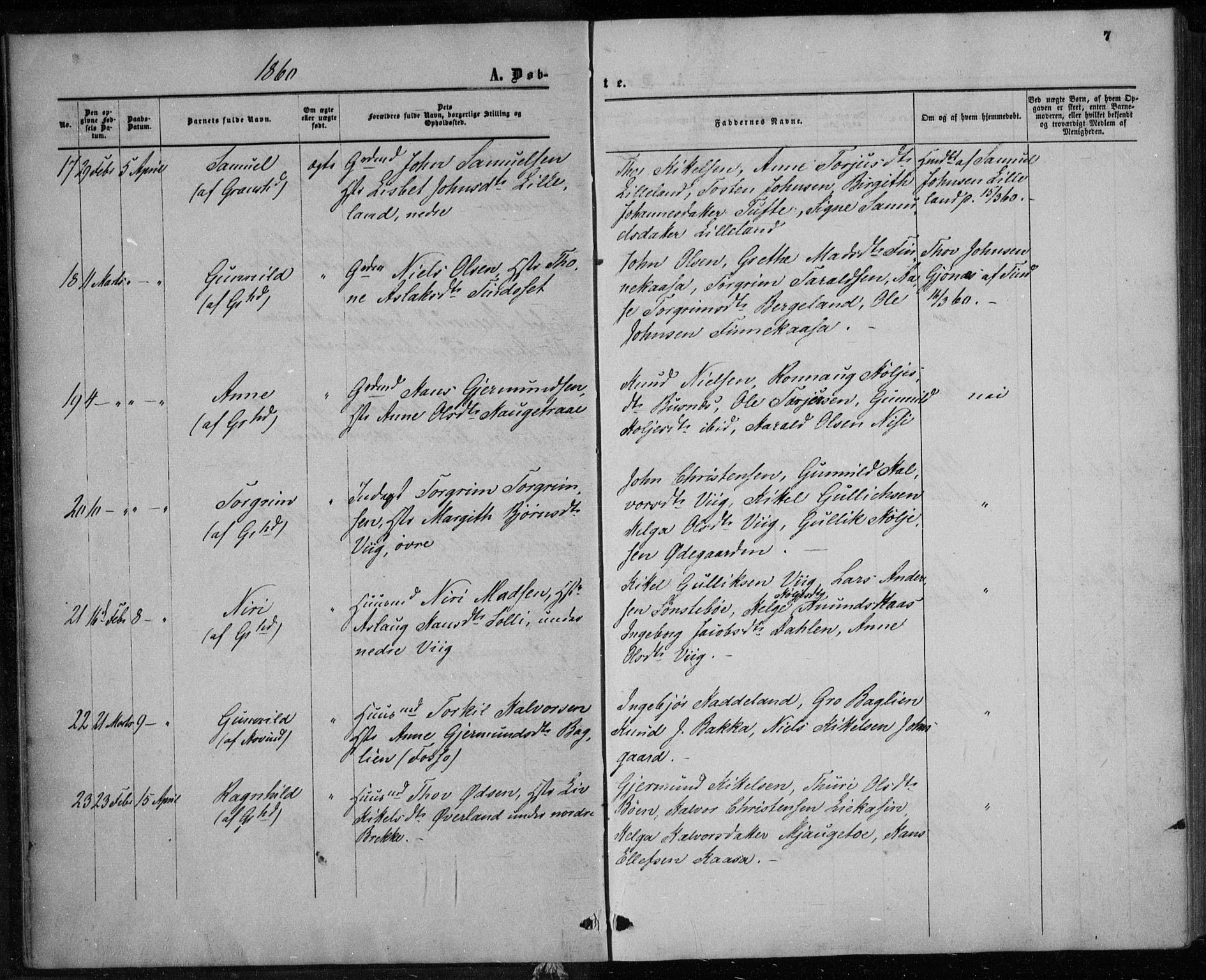 Gransherad kirkebøker, AV/SAKO-A-267/F/Fa/L0003: Ministerialbok nr. I 3, 1859-1870, s. 7