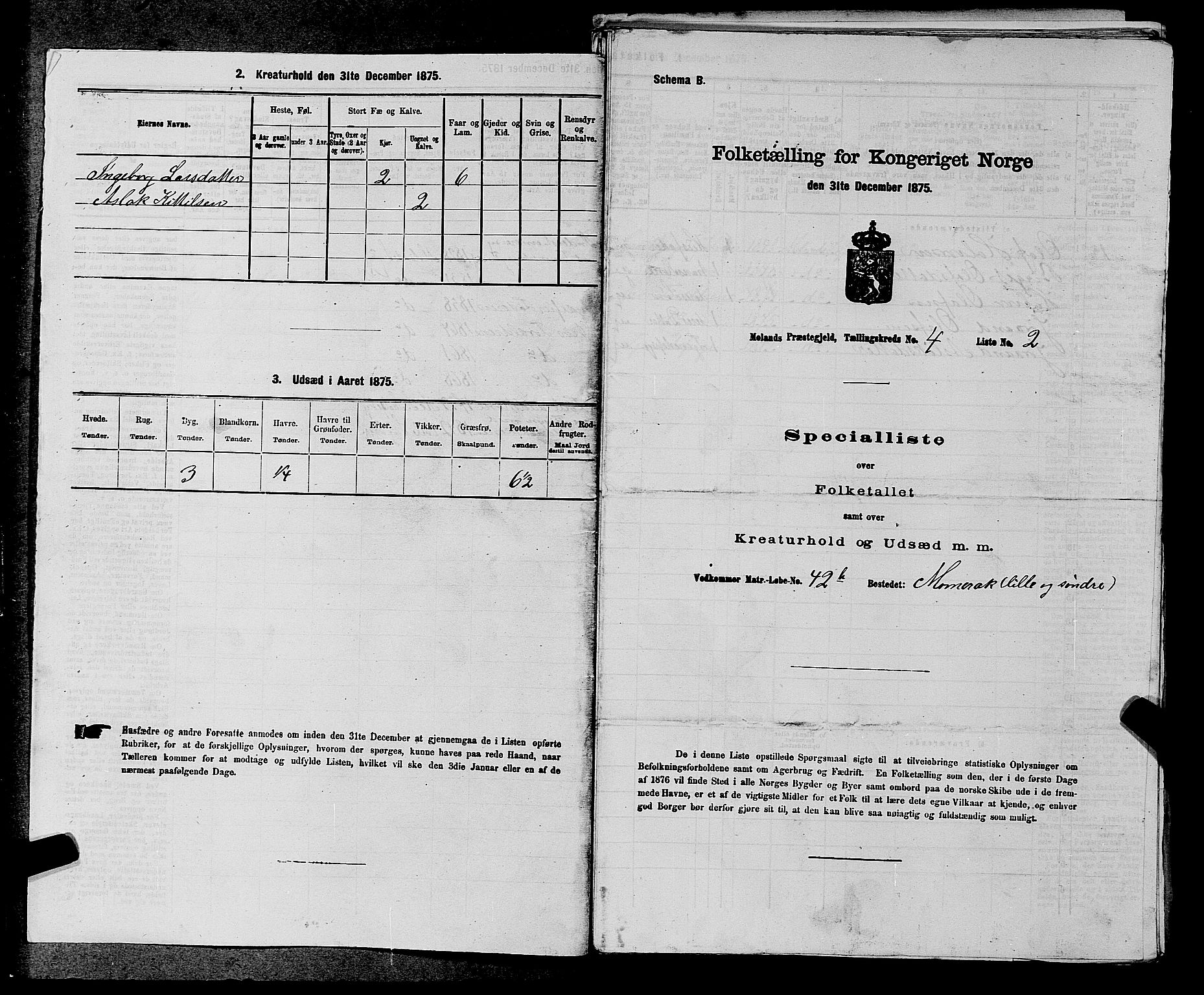 SAKO, Folketelling 1875 for 0831P Moland prestegjeld, 1875, s. 358