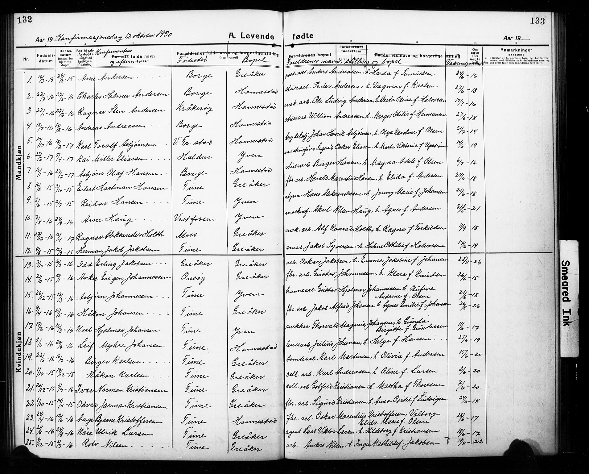 Tune prestekontor Kirkebøker, AV/SAO-A-2007/G/Gc/L0001: Klokkerbok nr. III 1, 1920-1930, s. 132-133