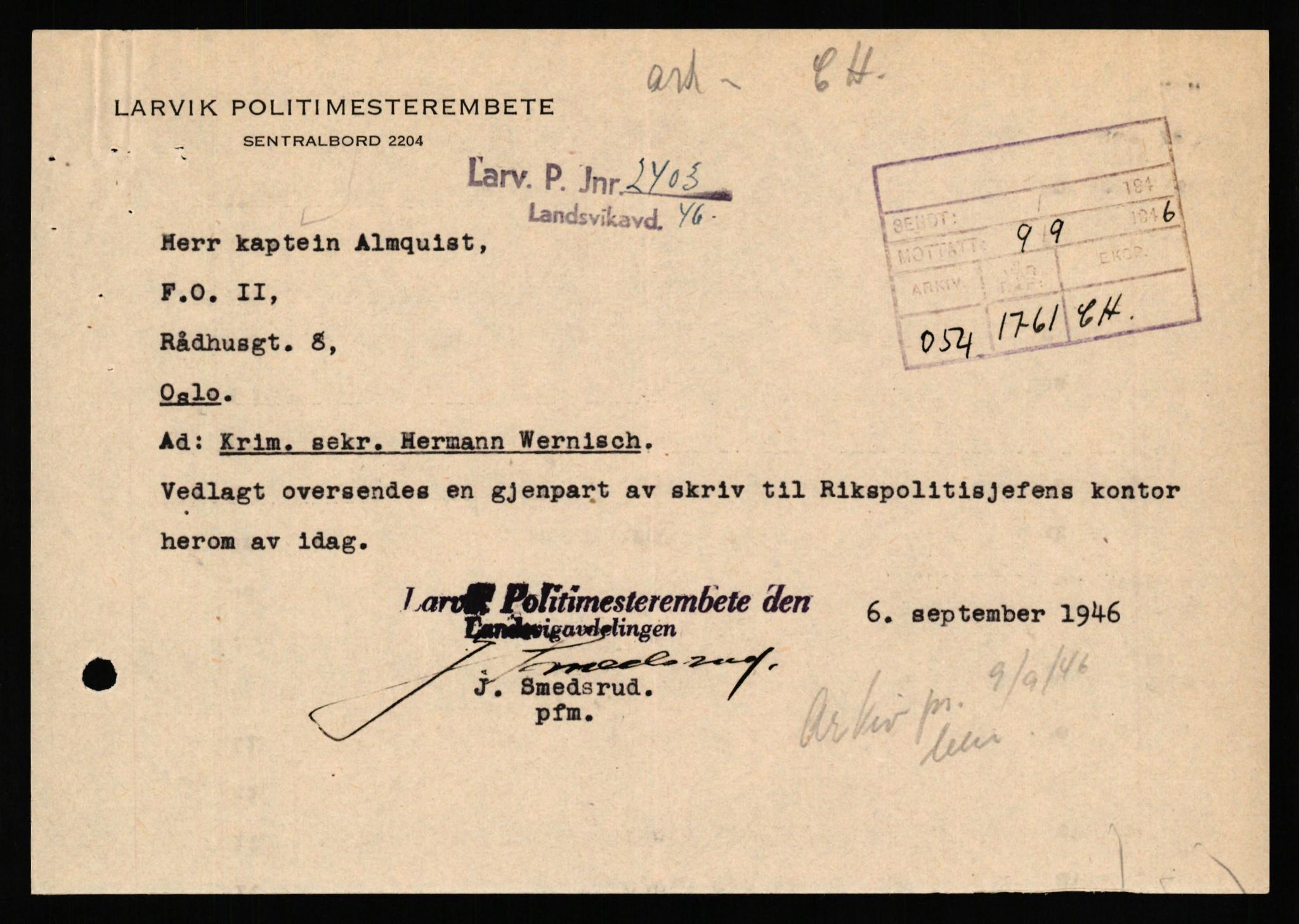 Forsvaret, Forsvarets overkommando II, RA/RAFA-3915/D/Db/L0040: CI Questionaires. Tyske okkupasjonsstyrker i Norge. Østerrikere., 1945-1946, s. 405