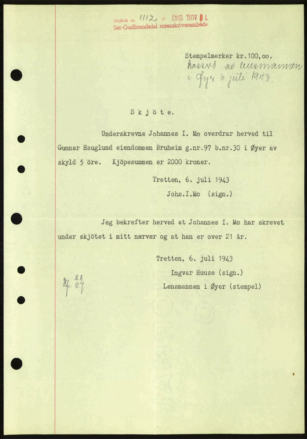 Sør-Gudbrandsdal tingrett, SAH/TING-004/H/Hb/Hbd/L0012: Pantebok nr. A12, 1943-1944, Dagboknr: 1112/1943