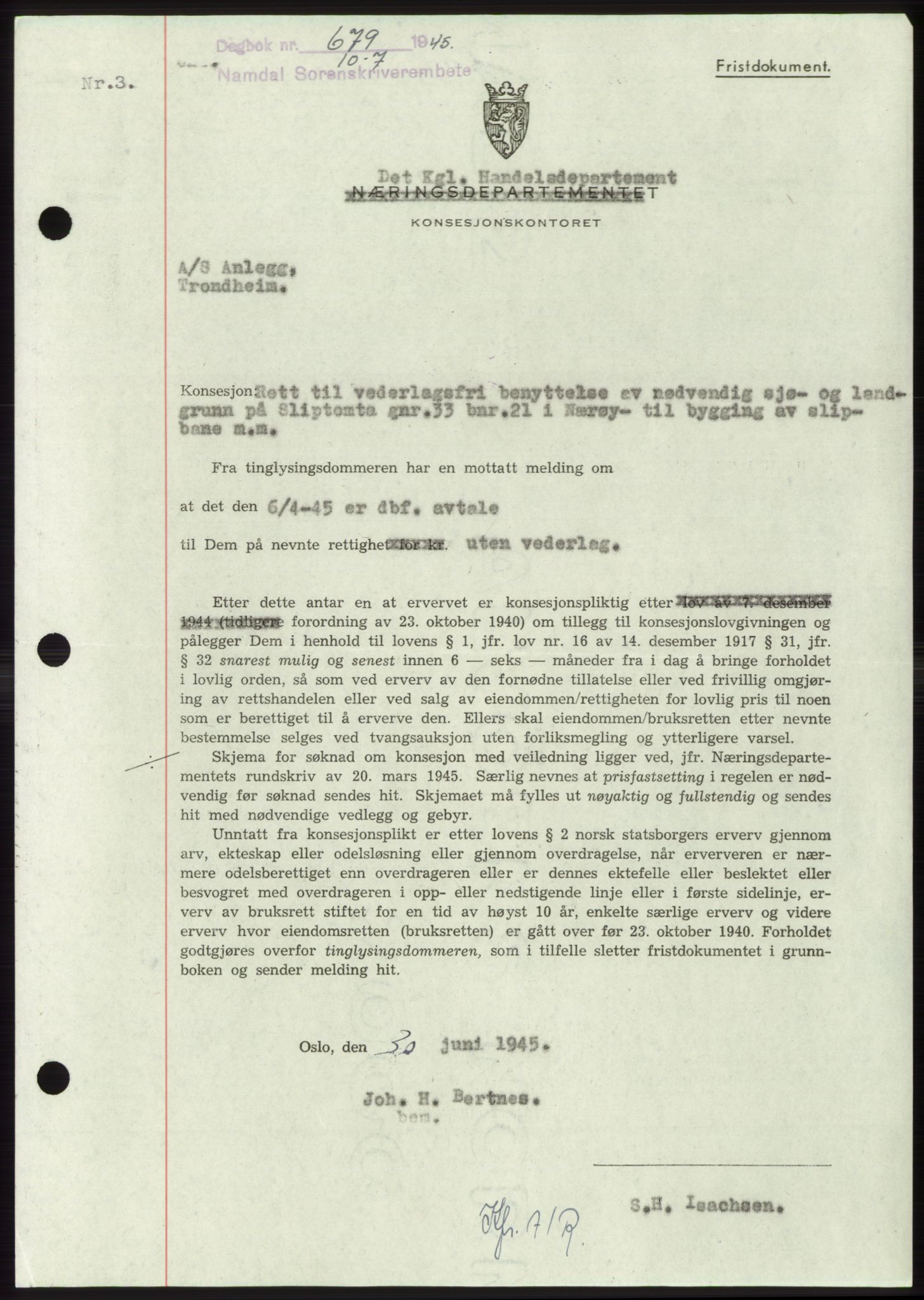 Namdal sorenskriveri, SAT/A-4133/1/2/2C: Pantebok nr. -, 1944-1945, Dagboknr: 679/1945