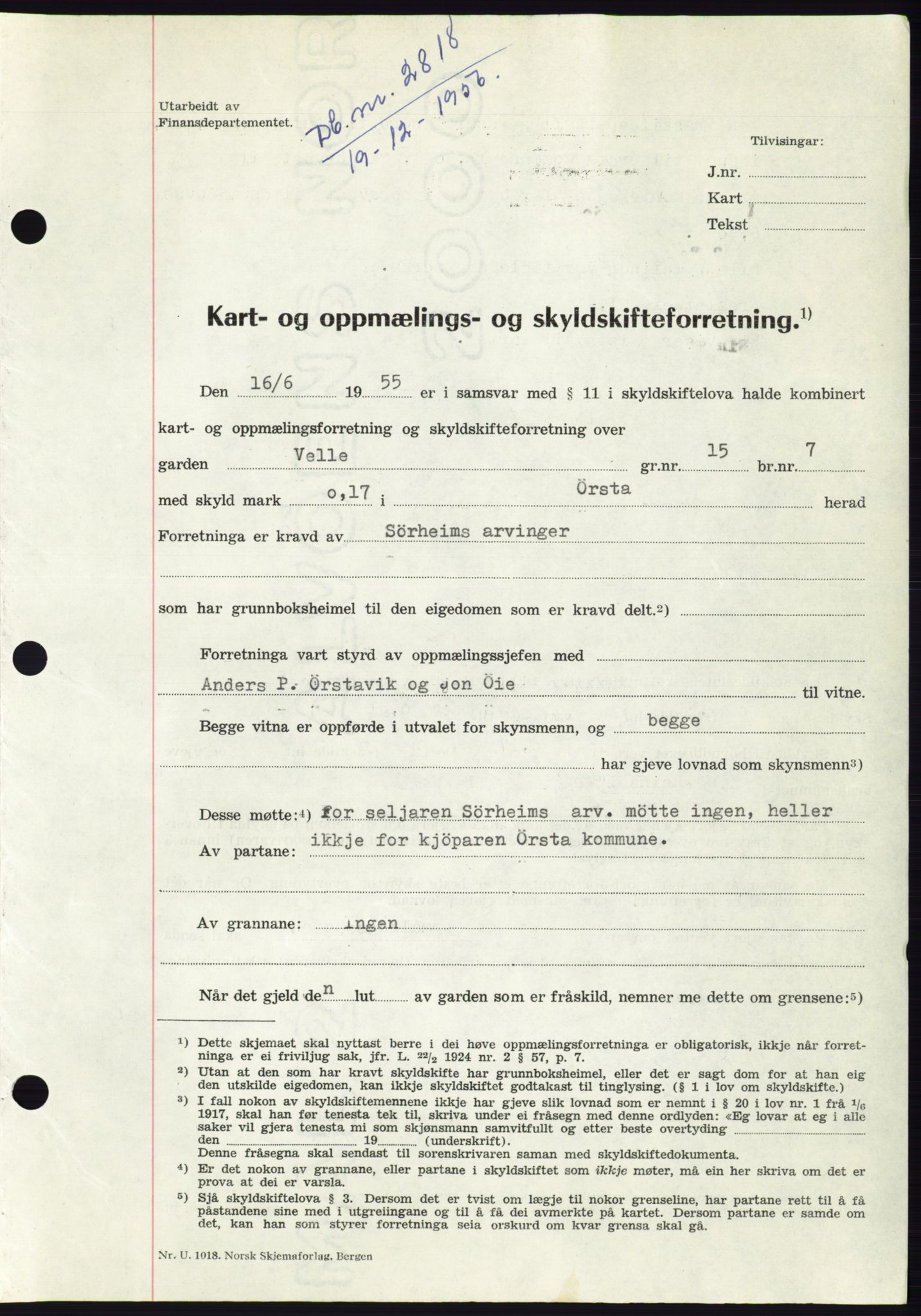 Søre Sunnmøre sorenskriveri, AV/SAT-A-4122/1/2/2C/L0105: Pantebok nr. 31A, 1956-1957, Dagboknr: 2818/1956