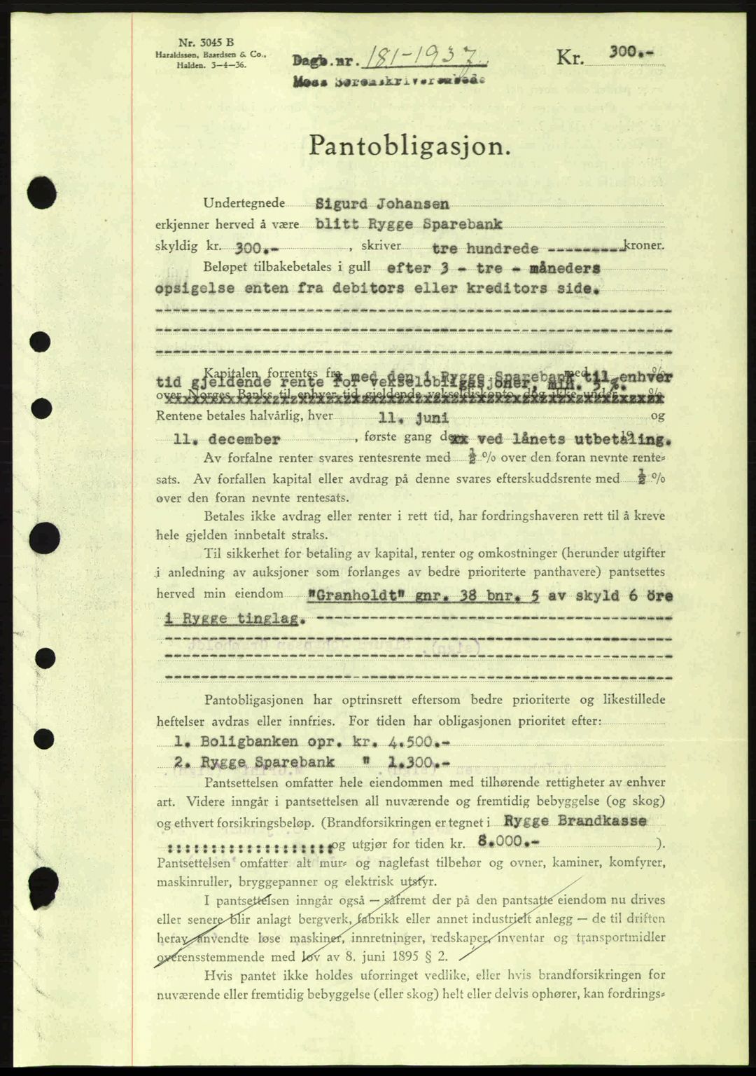 Moss sorenskriveri, SAO/A-10168: Pantebok nr. B3, 1937-1937, Dagboknr: 181/1937