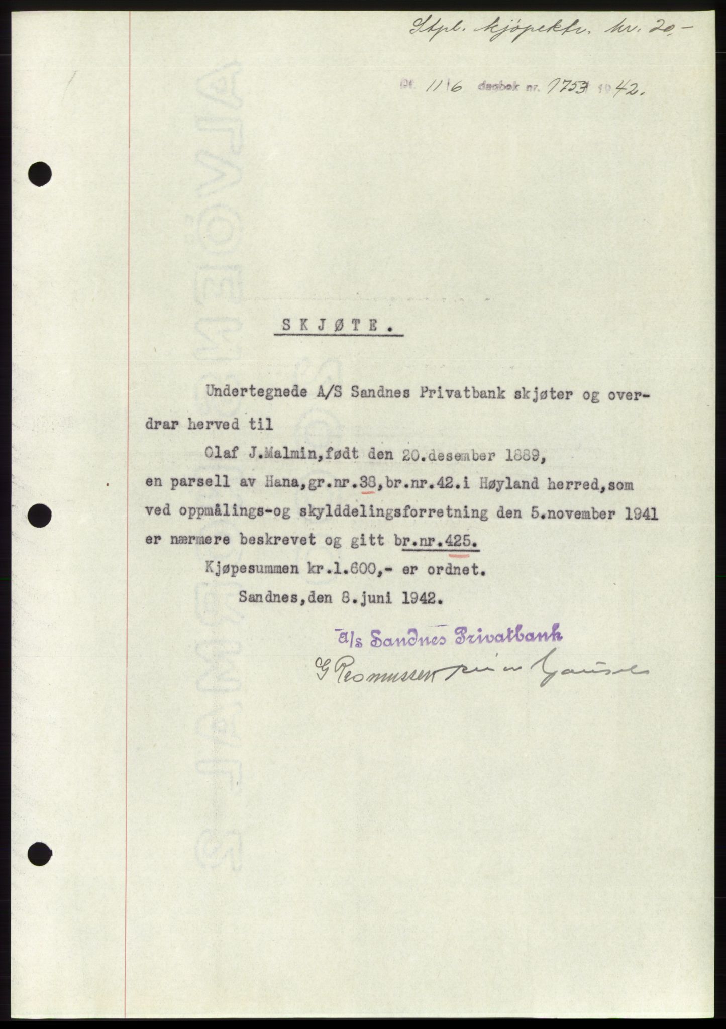 Jæren sorenskriveri, SAST/A-100310/03/G/Gba/L0082: Pantebok, 1942-1942, Dagboknr: 1753/1942