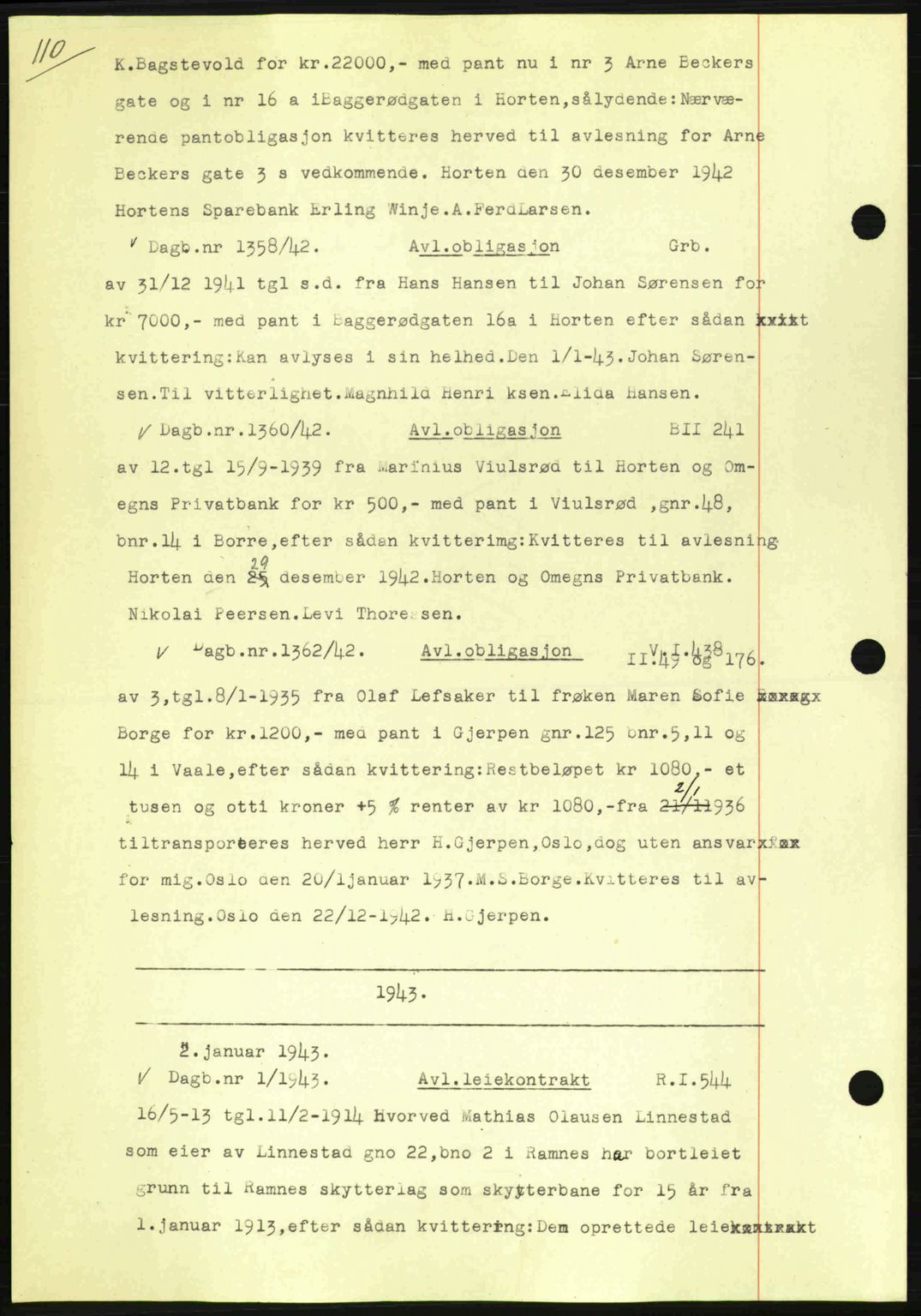 Horten sorenskriveri, SAKO/A-133/G/Ga/Gab/L0003: Pantebok nr. B-5 - B-6, 1941-1943, Dagboknr: 1/1943