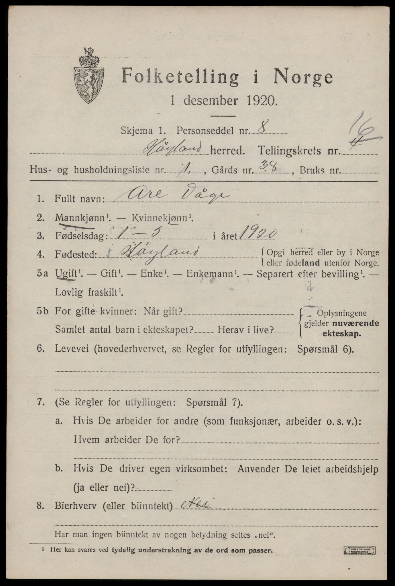 SAST, Folketelling 1920 for 1123 Høyland herred, 1920, s. 14110