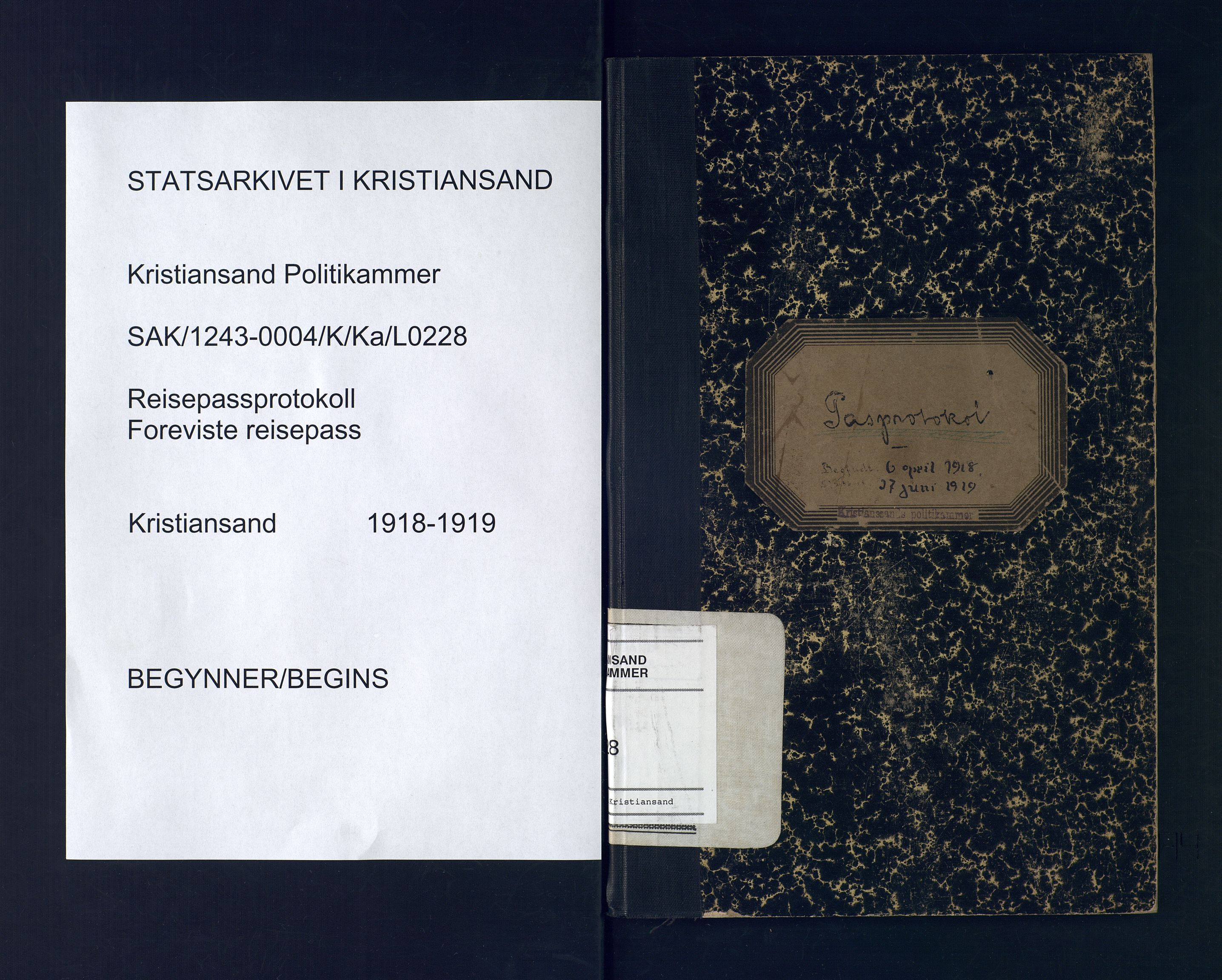 Kristiansand politikammer, SAK/1243-0004/K/Ka/L0228: Passprotokoll foreviste reisepass, 1918-1919
