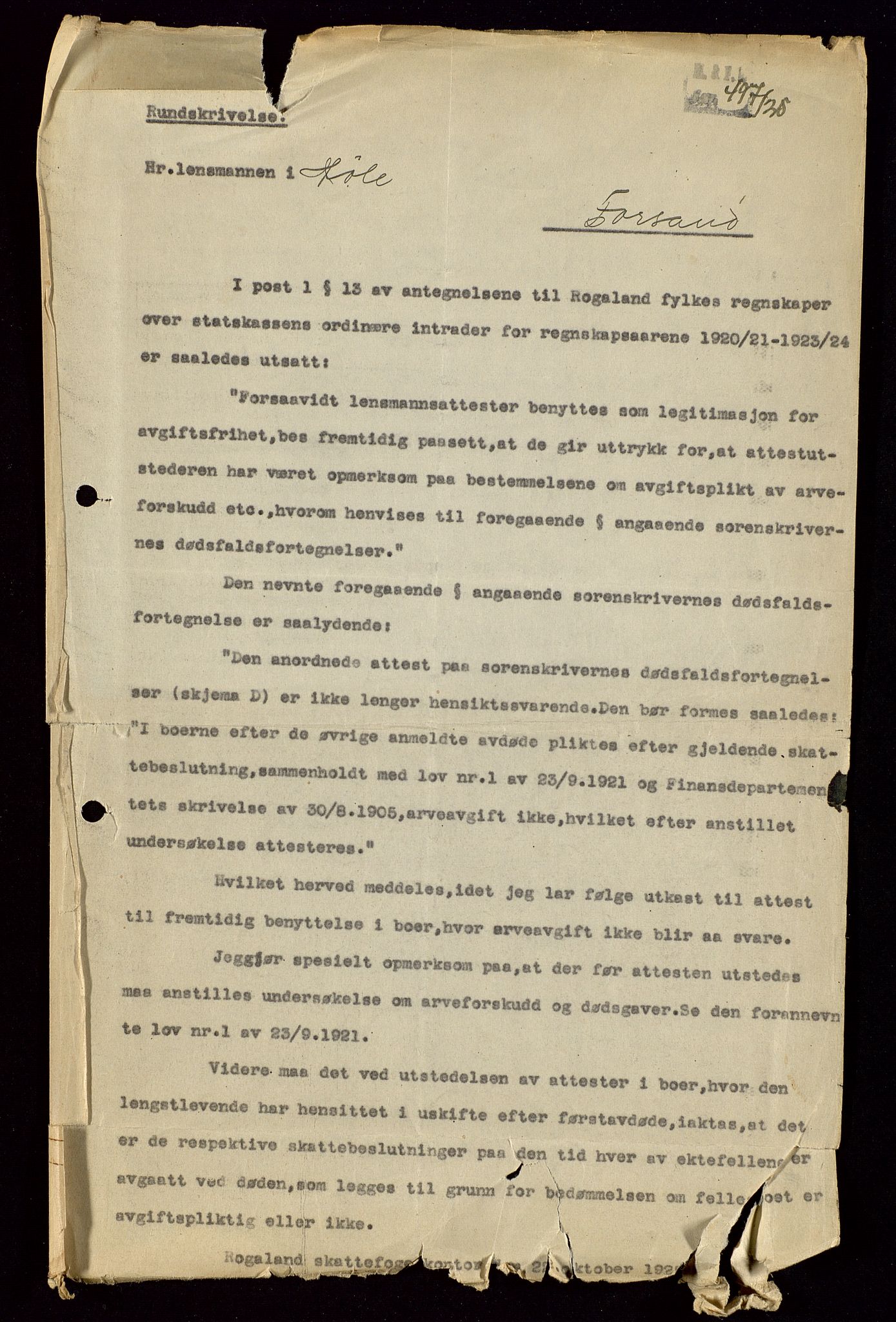 Høle og Forsand lensmannskontor, SAST/A-100127/Gga/L0007: Dødsmeldinger m.vedlegg, 1871-1965