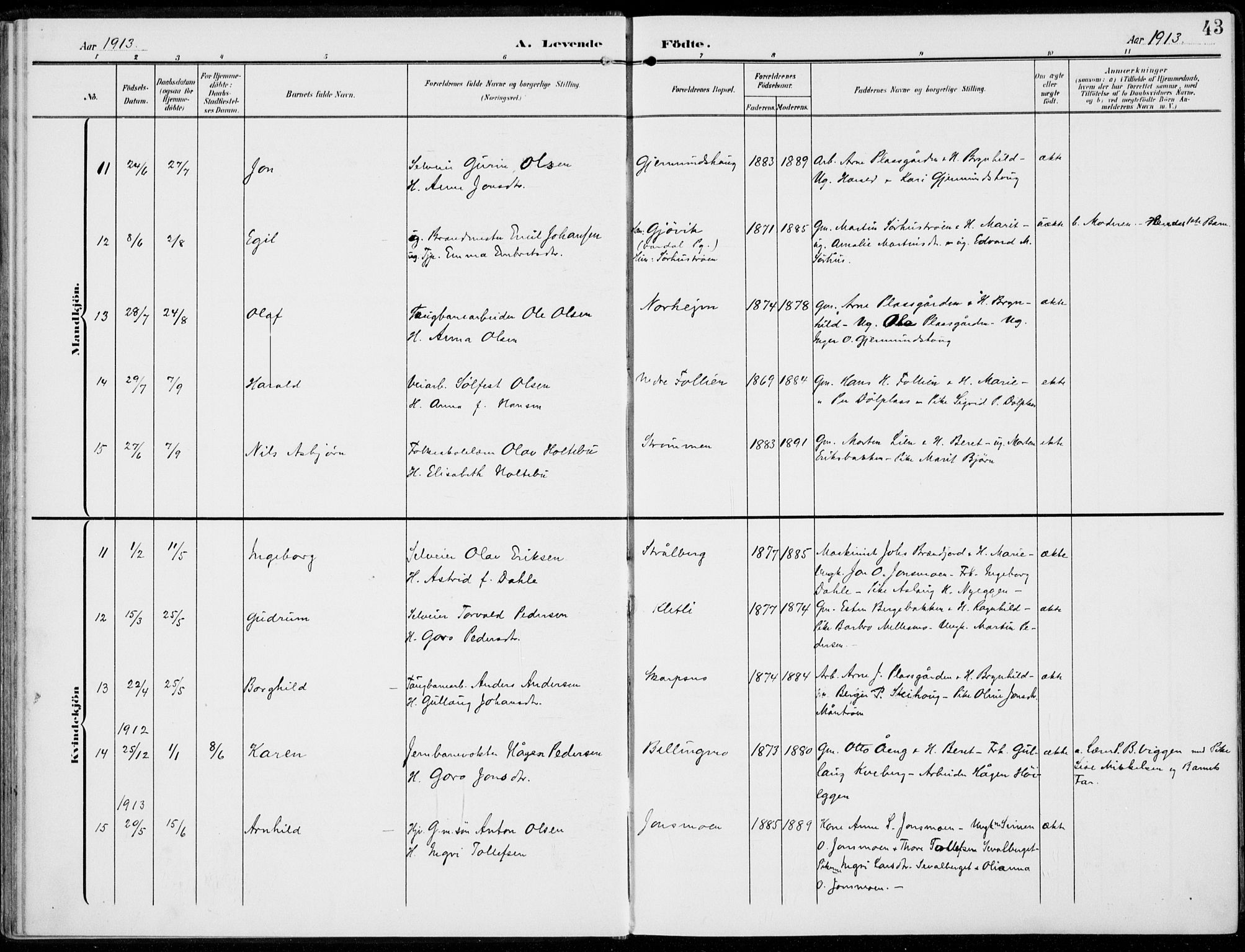 Alvdal prestekontor, AV/SAH-PREST-060/H/Ha/Haa/L0004: Ministerialbok nr. 4, 1907-1919, s. 43