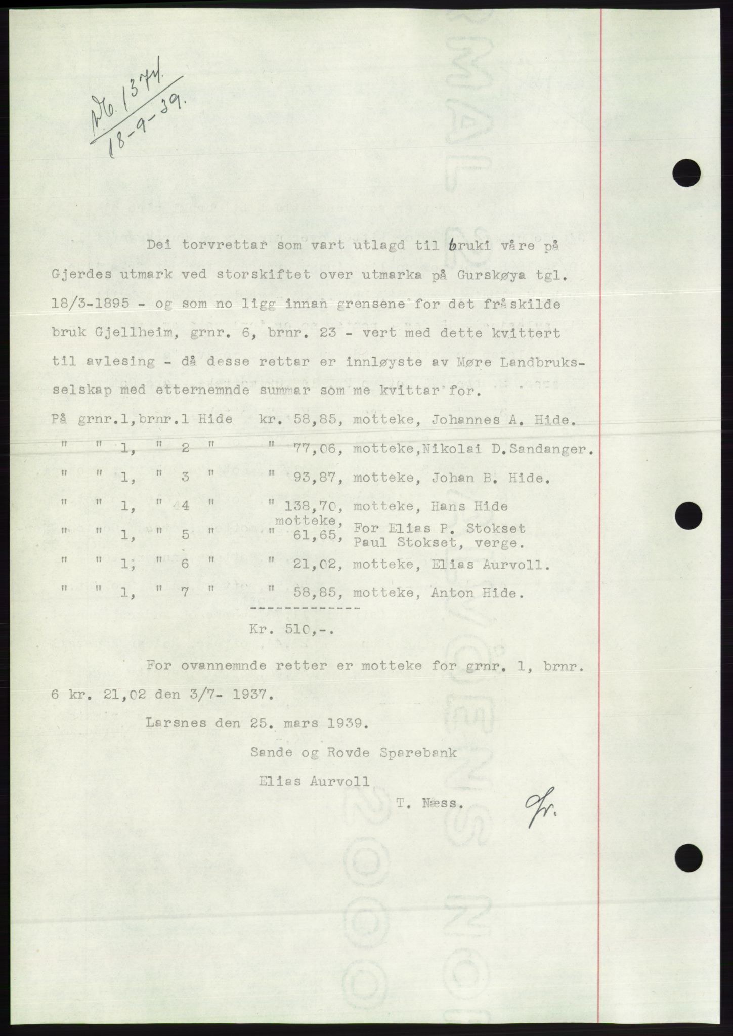 Søre Sunnmøre sorenskriveri, AV/SAT-A-4122/1/2/2C/L0068: Pantebok nr. 62, 1939-1939, Dagboknr: 1374/1939