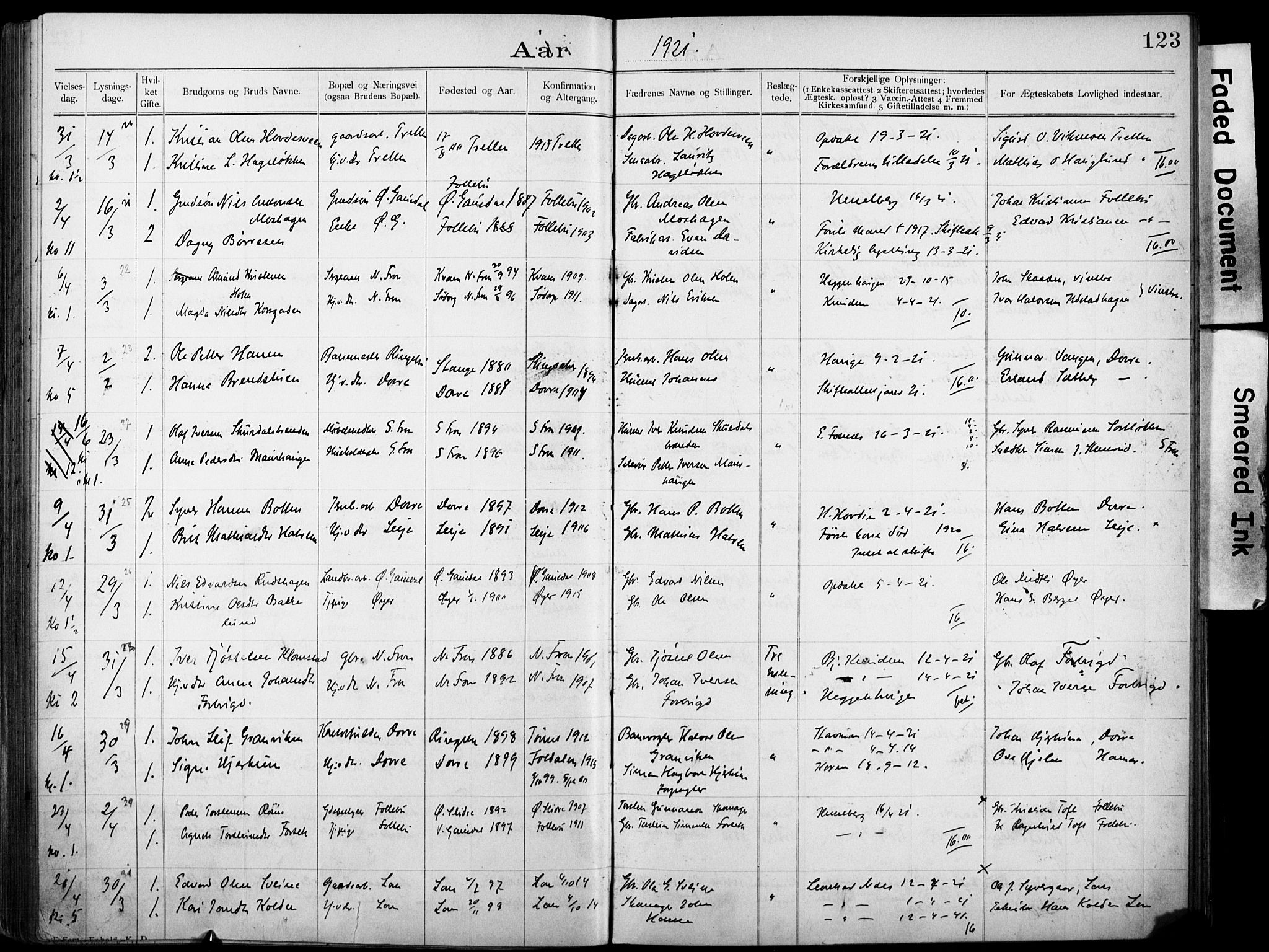 Lillehammer prestekontor, AV/SAH-PREST-088/I/Ie: Lysningsprotokoll nr. 1, 1903-1932, s. 123