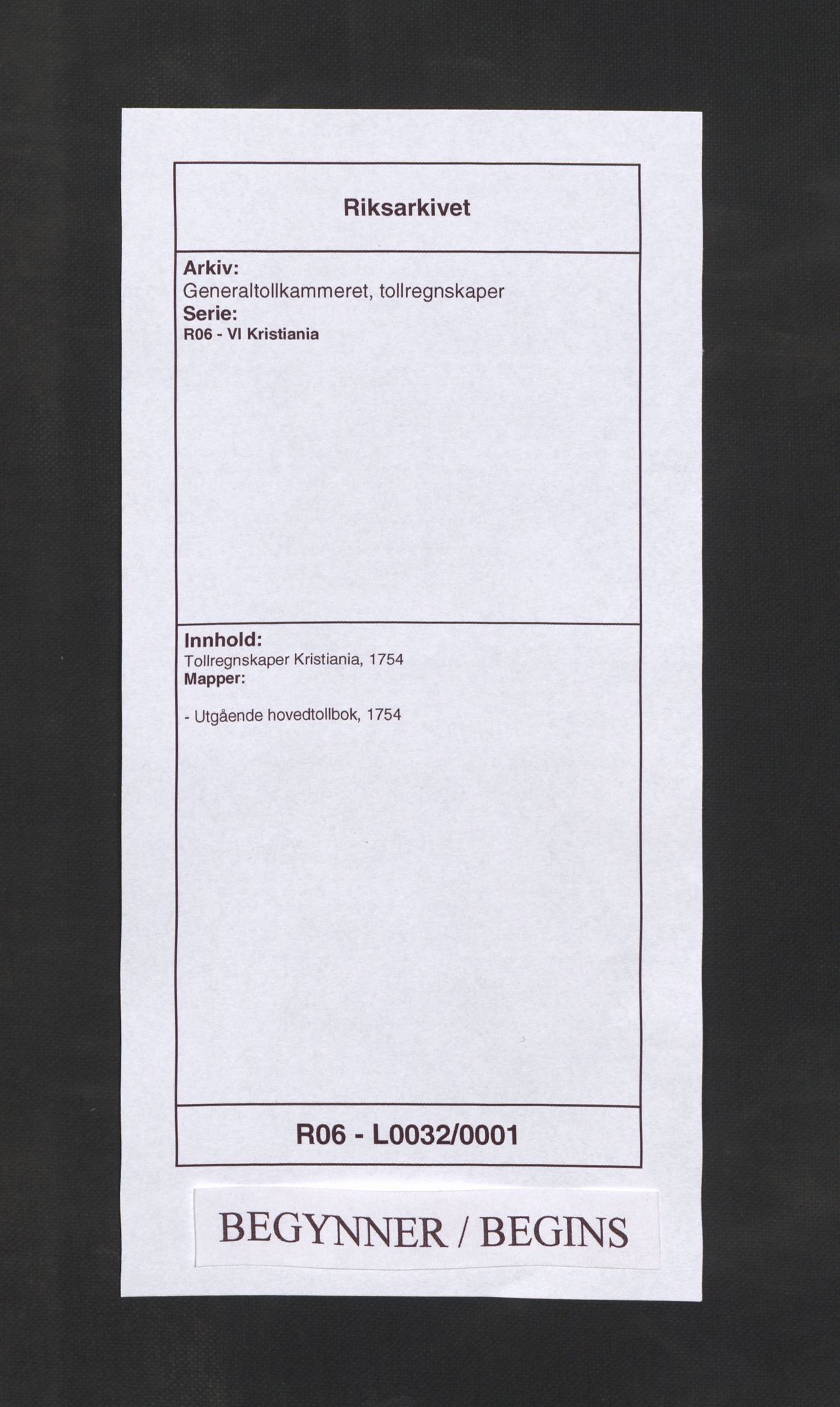 Generaltollkammeret, tollregnskaper, RA/EA-5490/R06/L0032/0001: Tollregnskaper Kristiania / Utgående hovedtollbok, 1754