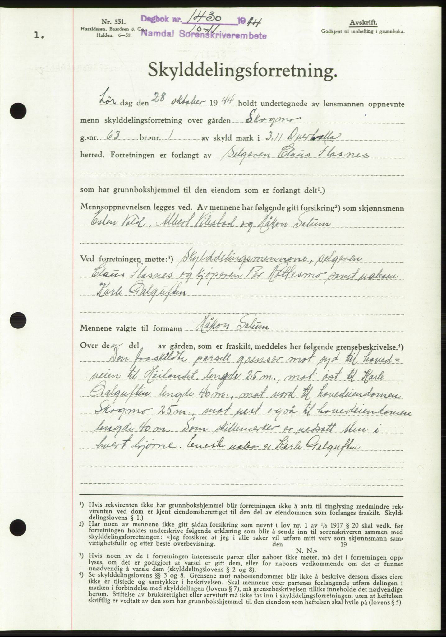 Namdal sorenskriveri, SAT/A-4133/1/2/2C: Pantebok nr. -, 1944-1945, Dagboknr: 1430/1944