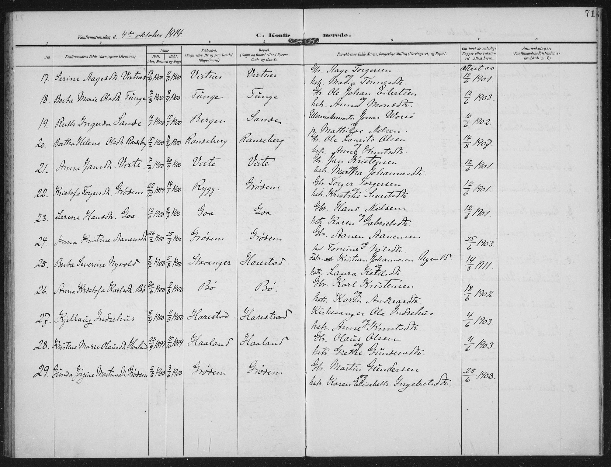 Hetland sokneprestkontor, AV/SAST-A-101826/30/30BA: Ministerialbok nr. A 14, 1905-1919, s. 71