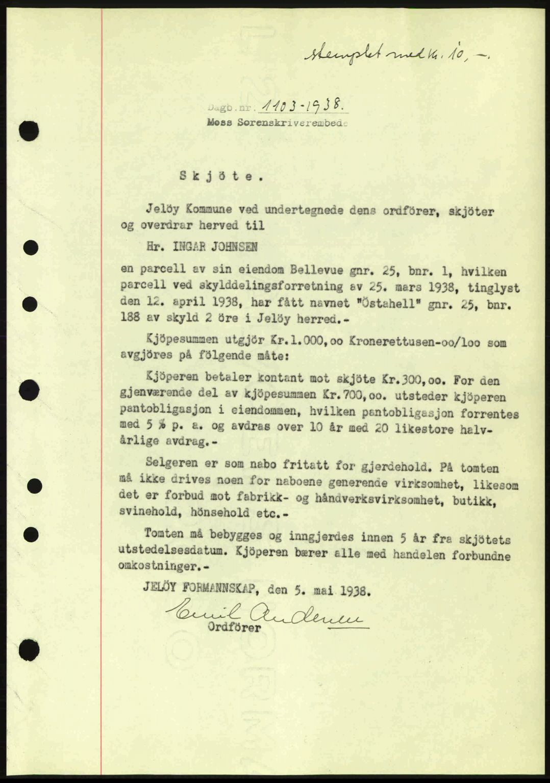 Moss sorenskriveri, SAO/A-10168: Pantebok nr. A4, 1938-1938, Dagboknr: 1103/1938
