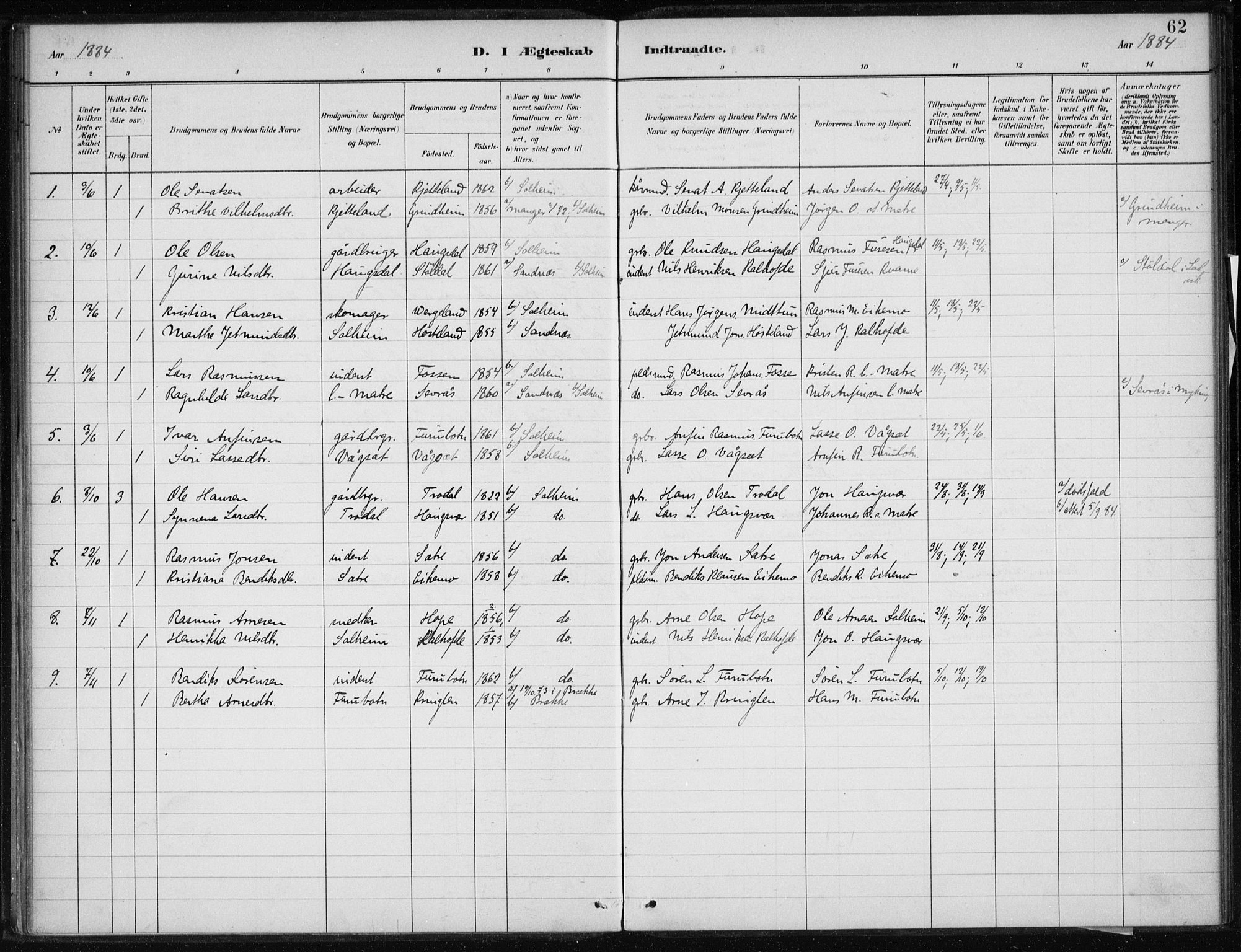 Masfjorden sokneprestembete, AV/SAB-A-77001: Ministerialbok nr. C  1, 1882-1896, s. 62