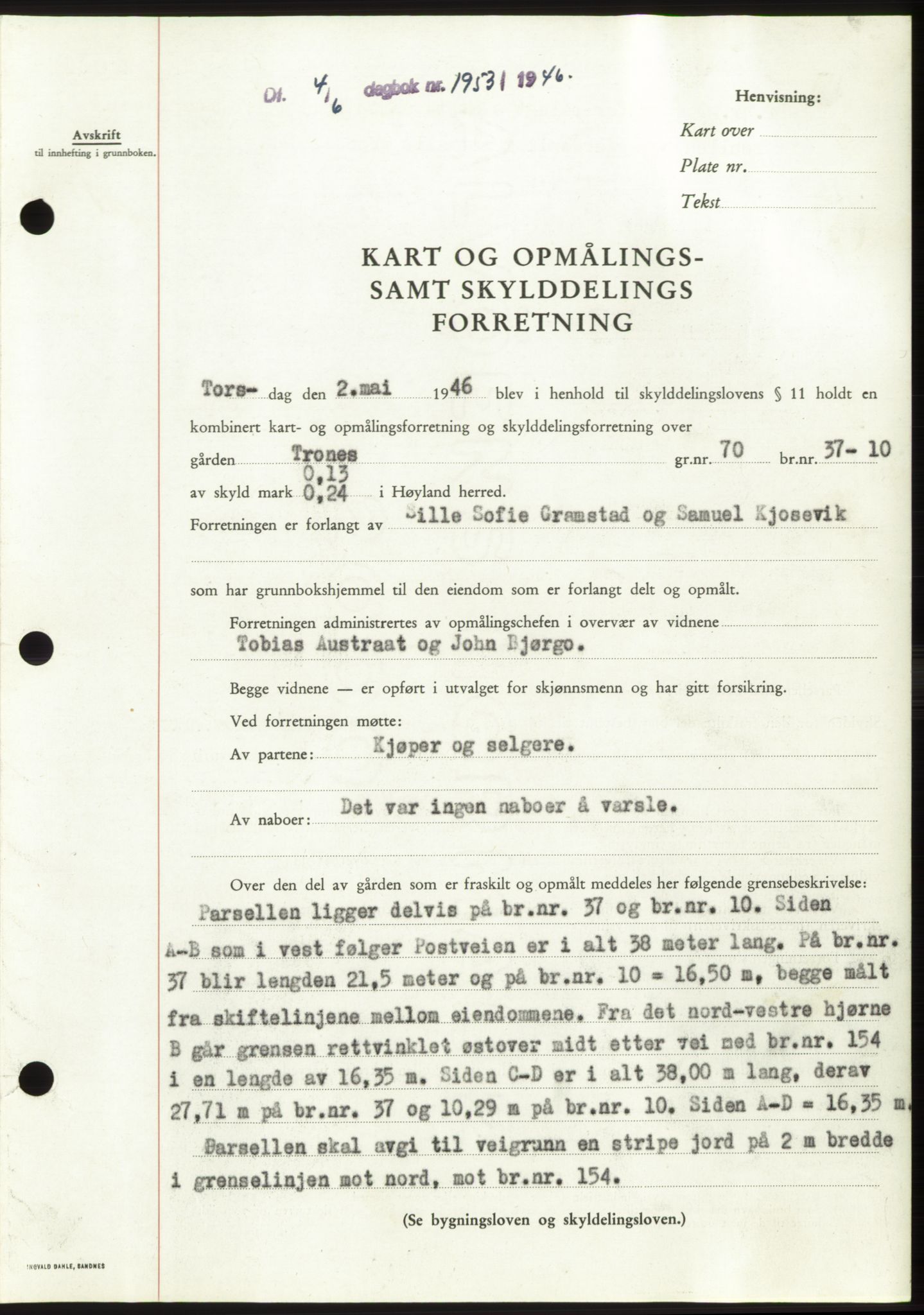 Jæren sorenskriveri, SAST/A-100310/03/G/Gba/L0090: Pantebok, 1946-1946, Dagboknr: 1953/1946