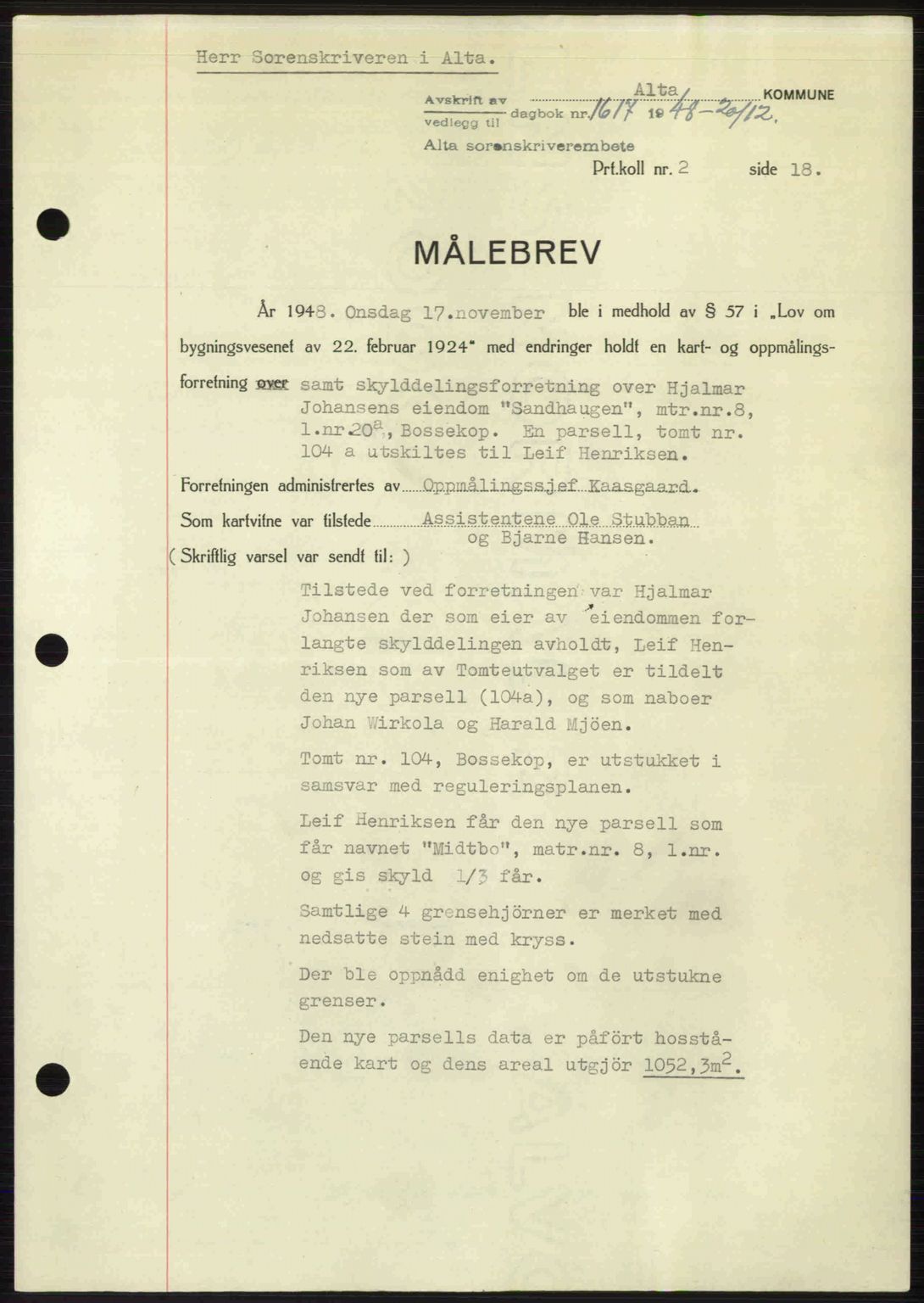 Alta fogderi/sorenskriveri, SATØ/SATØ-5/1/K/Kd/L0037pantebok: Pantebok nr. 39-40, 1948-1949, Dagboknr: 1617/1948
